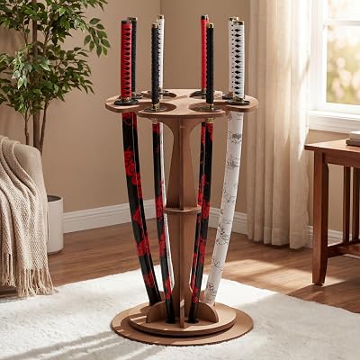 Geelin 8 Tier Wooden Vertical Sword Stand Rack 26.6 x 16 Inch Rotating Katana Holder Sword Display Stand Floor Walnut Color Rack Organizer for Katana Samurai Japanese Blade Collection Display