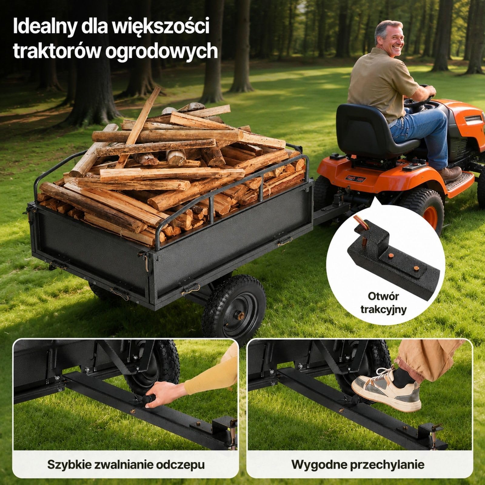 Przyczepa wywrotka 500 lb / 226,79 kg, czarny wózek ogrodowy z pedałem nożnym i uchwytem do ATV, UTV, kosiarki oraz traktora