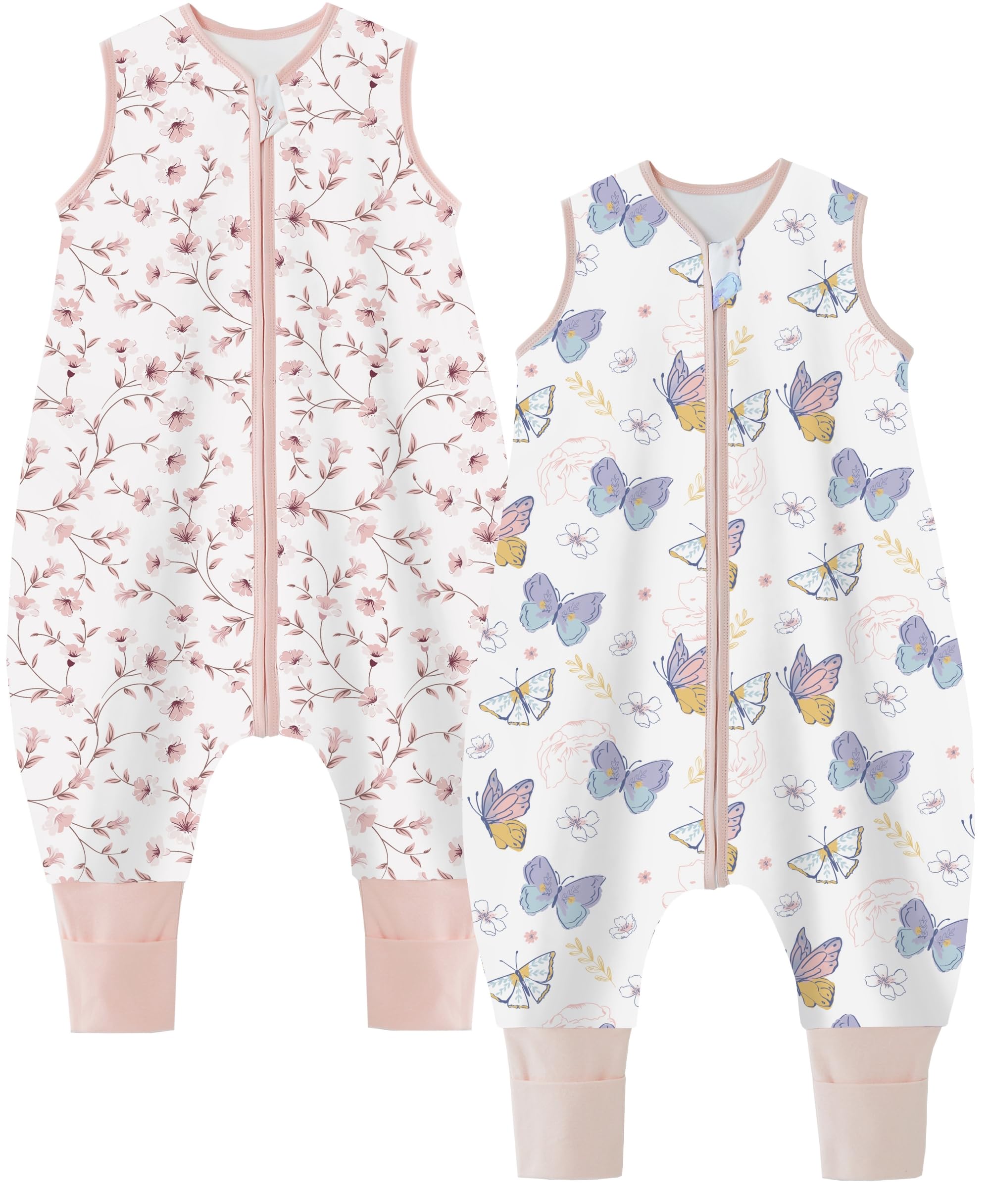 Teechodina Baby Schlafsack mit Füßen 2er Pack 100% Baumwolle 1.5 Tog Kinder Ganzjahres Schlafsack mit Beinen für Jungen Mädchen, 1.5 Tog/Kirschblüte + Schmetterling, 80cm/Baby Höhe 90-100cm