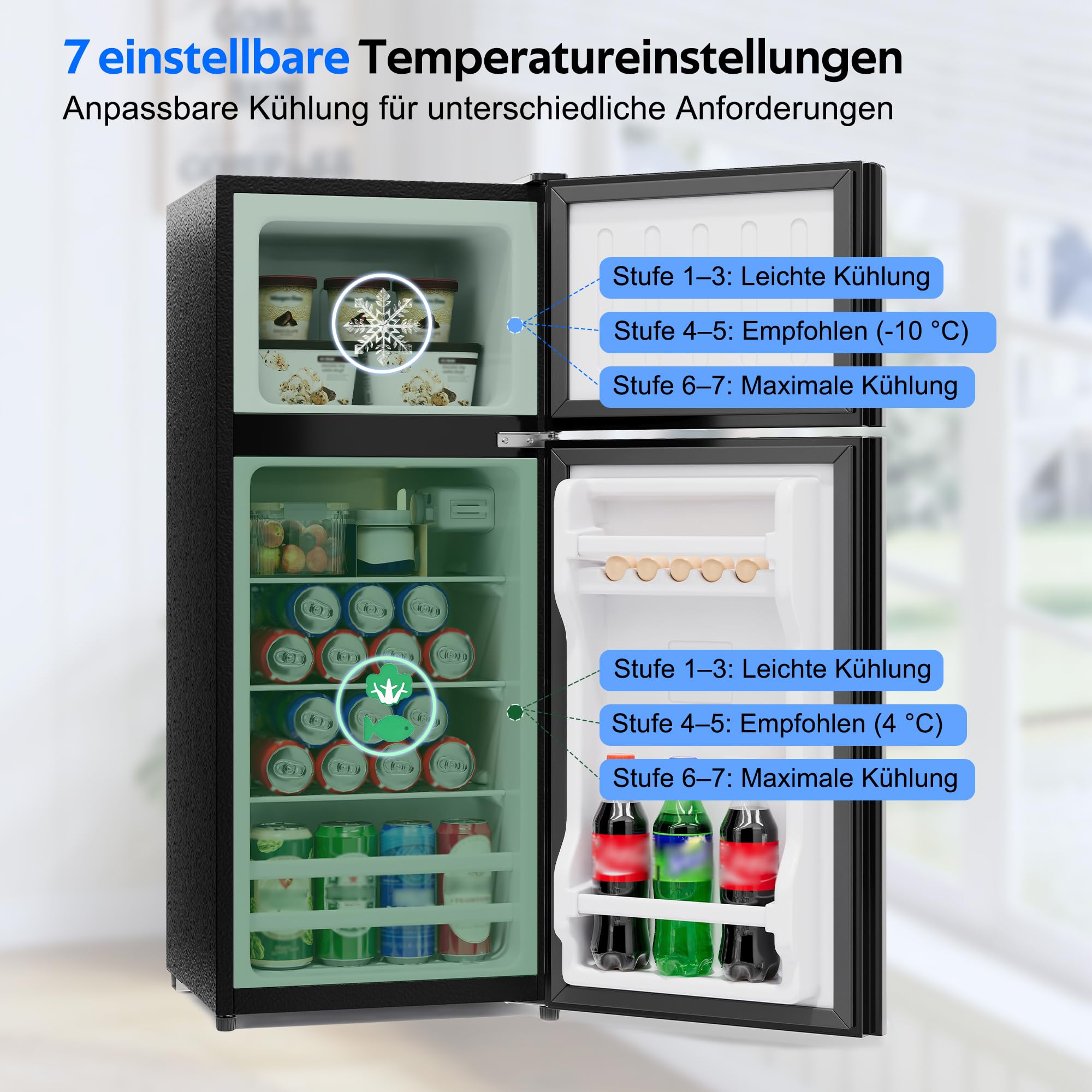 Merax 92L-Minikühlschrank mit Gefrierfach(28L) in Schwarz freistehend Kühl-Gefrier-Kombination, mit Glastür,LED-Beleuchtung,herausnehmbare Glasablagen,45 dB,138kWh, für Küche Büro Wohnzimmer