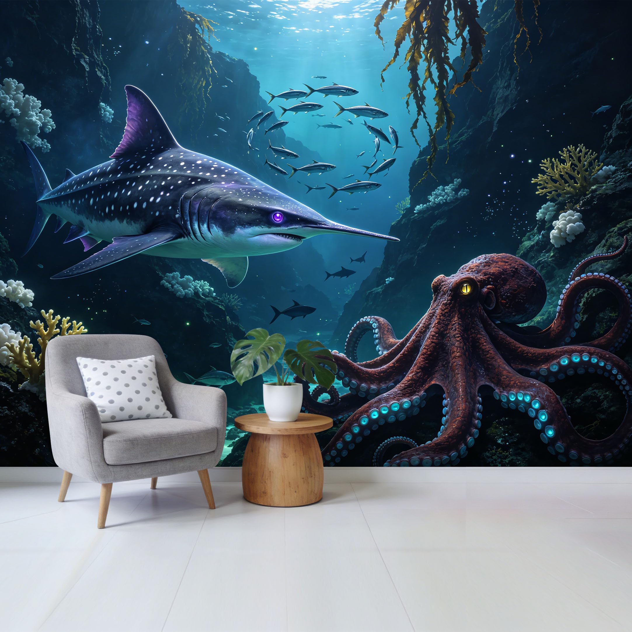 Custom Size Wall Mural Ocean Marine Underwater Scene with Shark Octopus Coral Reef Removable Self Adhesive Fabric Home Wall Decor for Living Room Bedroom Bathroom