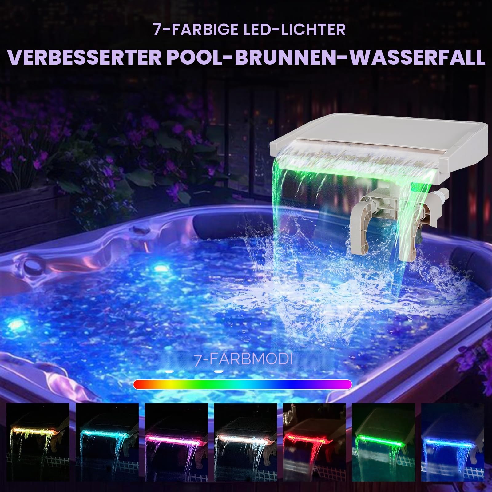 Poolbrunnen Wasserfall für oberirdische Pools, Schwimmbad Aufsatz Zubehör, mit 7 LED-Licht