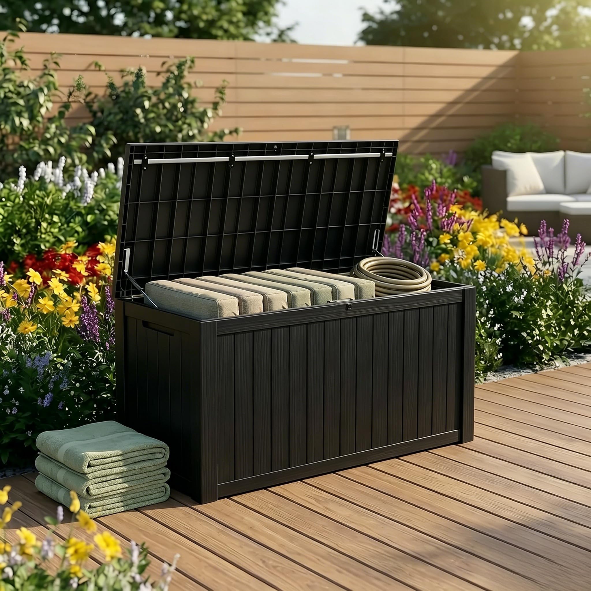 198 Gallon Resin Deck Box – Finally, a Lockable Outdoor Storage That Fits Everything (Cushions, Tools, Pool Gear &amp; BBQ) – Weatherproof Wood Grain Design for Patio, Garden, Office, Home Indoor Outdoor