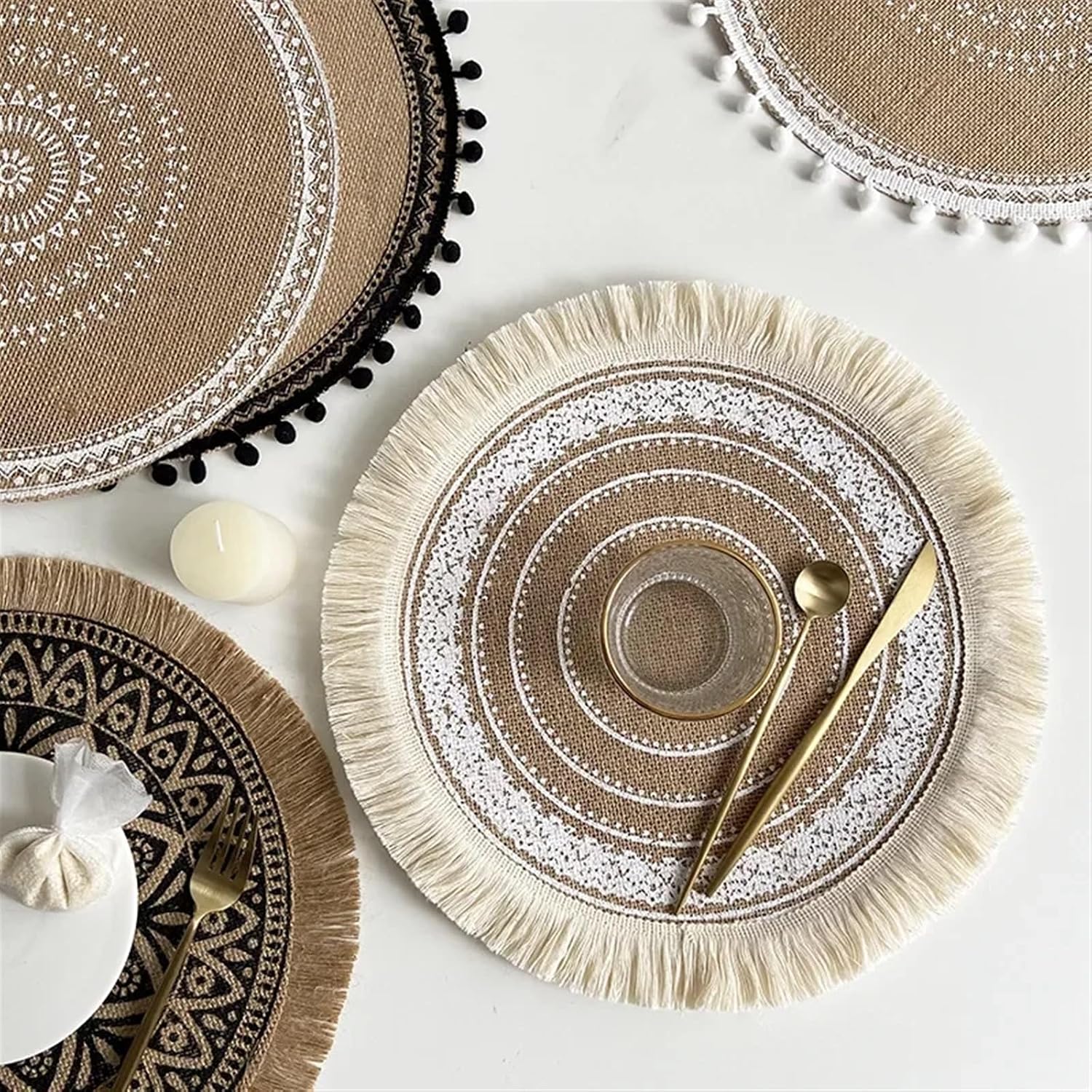 1PCS Handmade Cotton Woven Boho Placemats Exquisite Embroidery Tassels Table Mat Round Insulated Anti-Scald Placemat Table Mats(A)