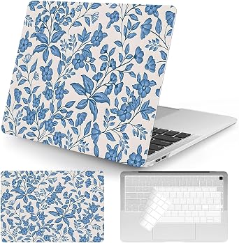 Seorsok Compatible with MacBook Air 13 Inch Case 2022 2021 2020 2019 2018 Release A1932 A2179 M1 A2337 Touch ID,Elegant Floral and Leaves Plastic Hard Shell Case with Keyboard Cover,Blue