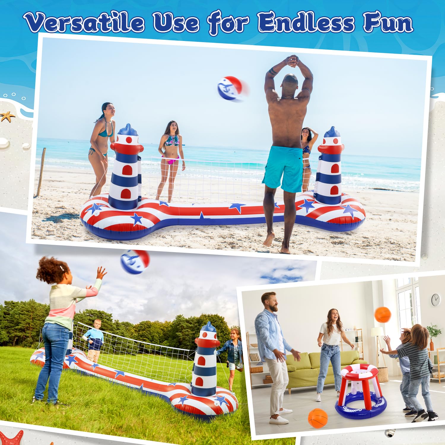 EagleStone Set di rete da pallavolo per piscina con canestro da basket, set di galleggianti gonfiabili per piscina con bandiera americana, rete da pallavolo e canestro da basket