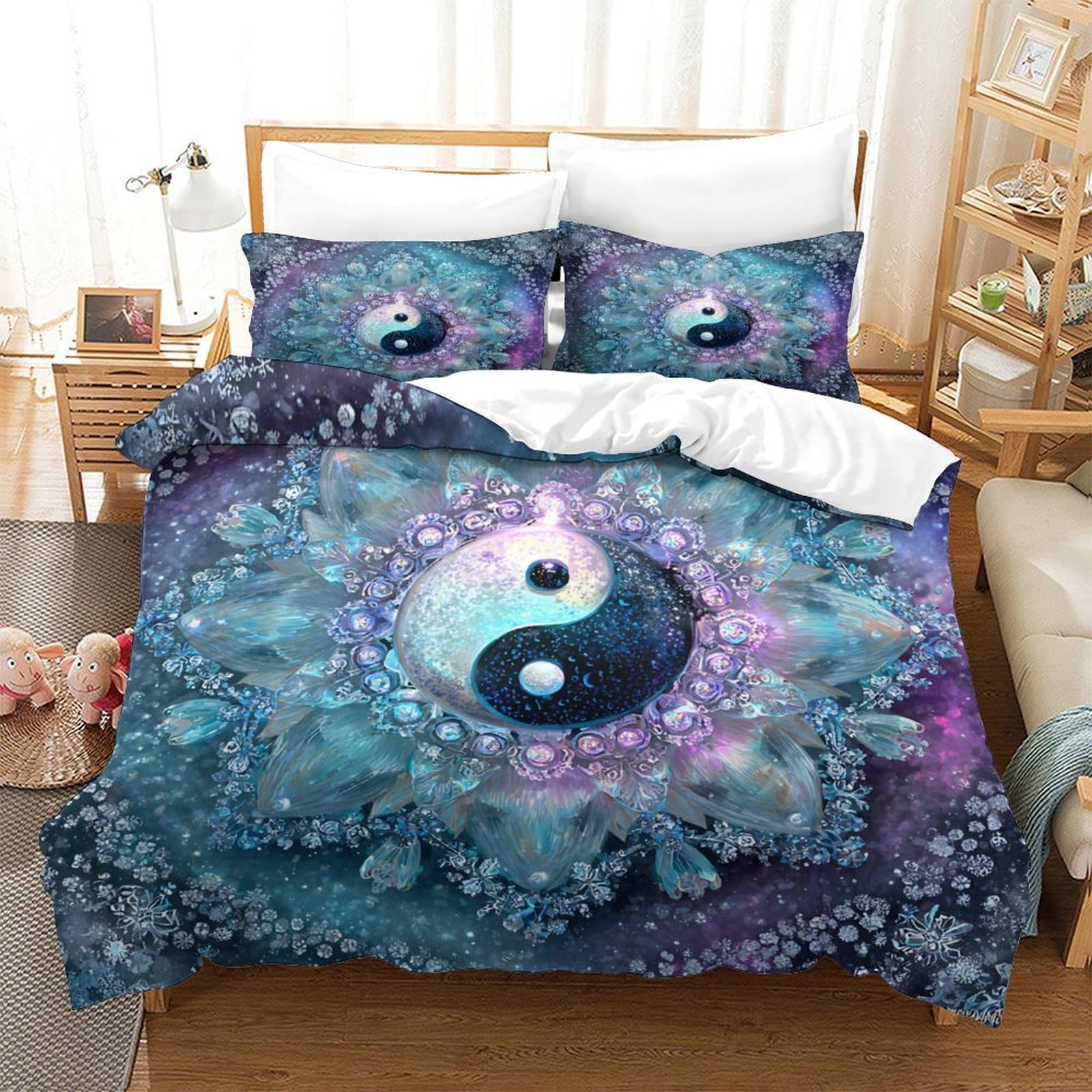 Yinyang Symbol 3-teiliges Reines Polyester Kosmischer Kunststil Bettbezug, Versteckter Reißverschluss, Krippenbettwäsche, Babysicher & Pflegeleicht King（220x240cm）