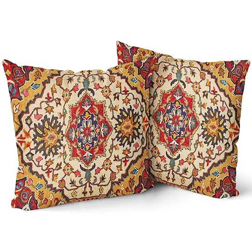 Mustard Yellow Red Brown Vintage Bohemian Pillow Covers 18X18 Inch Beige Gold Terracotta Boho Flower Rug Oriental Carpet Pillow Cases Set of 2 Antique Retro Farmhouse Throw Pillows For Cushion Outdoor
