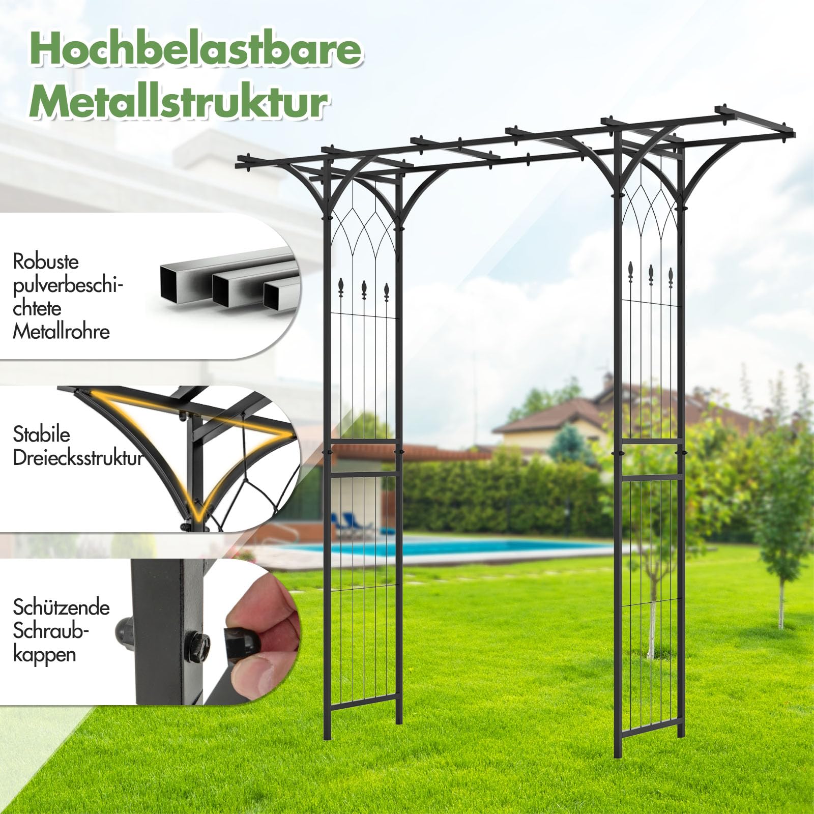 GOPLUS Rosenbogen aus Metall, 200 x 52 x 206 cm Gartenbogen mit Spalieren & erweitertem Dach, Torbogen Pergola Rankhilfe Hochzeitsbogen für Garten, Hochzeit & Party