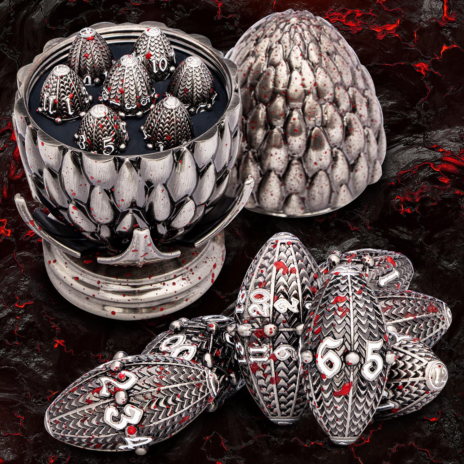 ARUOHHA DND Metal Dragons Dice Blood Splatter Dragon Egg Dice with Rotating Dragon Egg Shell, Role Playing Game Dungeons Polyhedral D and D Dice Set D20 D12 D10 D8 D6 D4