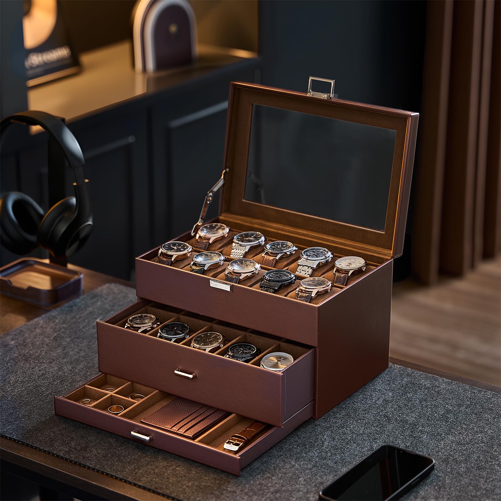 ProCase Boite a Montre Homme à 20 Emplacements, Coffret Montre en PU Cuir à 3 Niveaux, Range avec Tiroir -Marron
