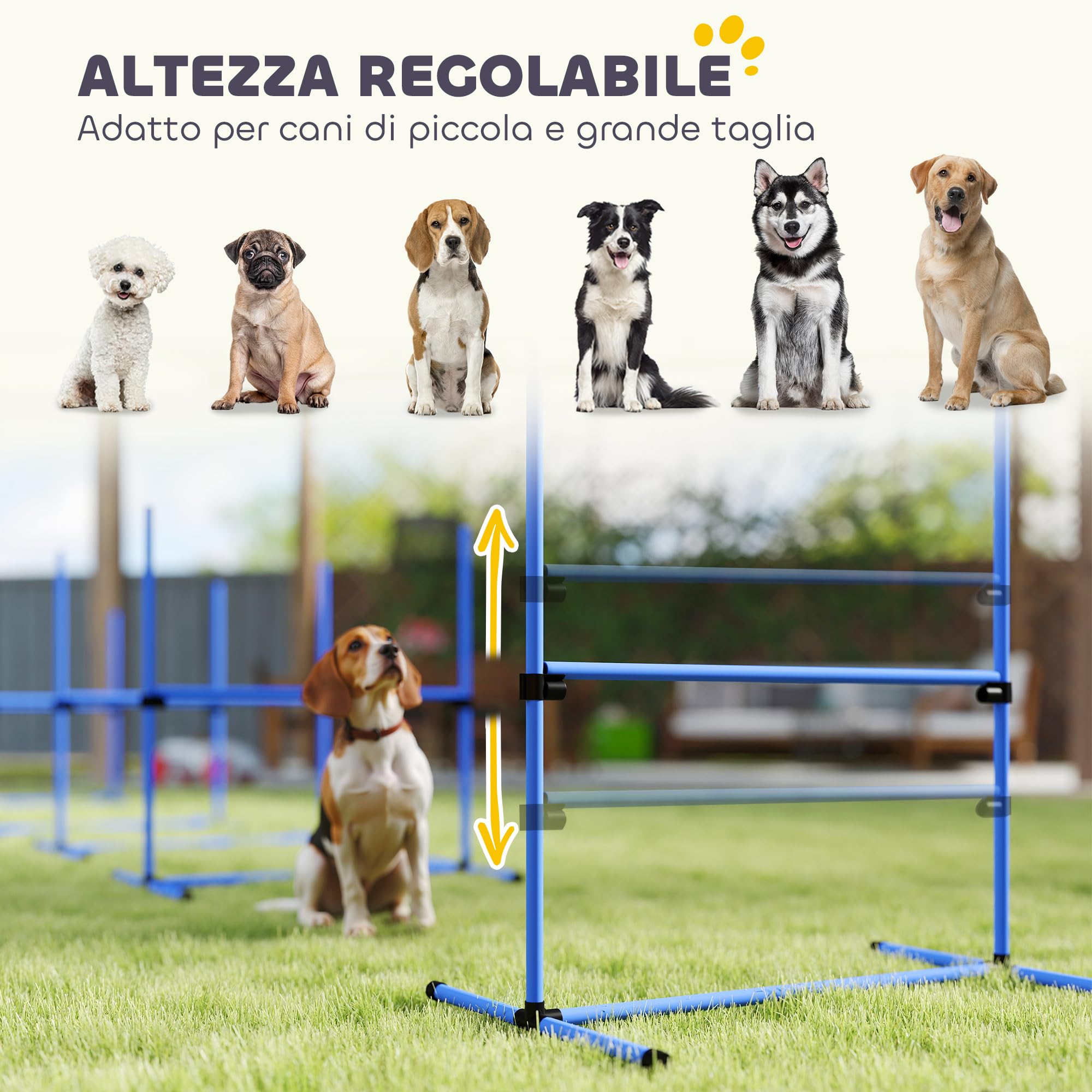 PawHut Set 4 Ostacoli Agility Dog Altezza Regolabile 99x65x94cm Blu con Borsa