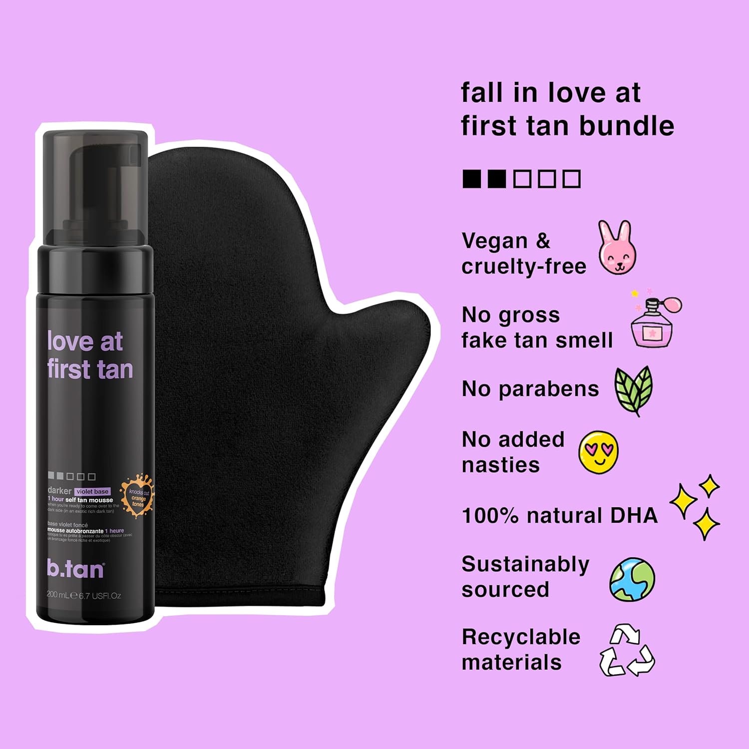 b.tan Self Tanner Kit | Our "Love at First Tan" Bundle - Tan Foam with Self Tanning Mitt Applicator, A Level Two, Violet Base, Dark 1 Hour Sunless Tanner, No Fake Tan Smell, Orange Tones or Nasty Ingredients : Beauty & Personal Care