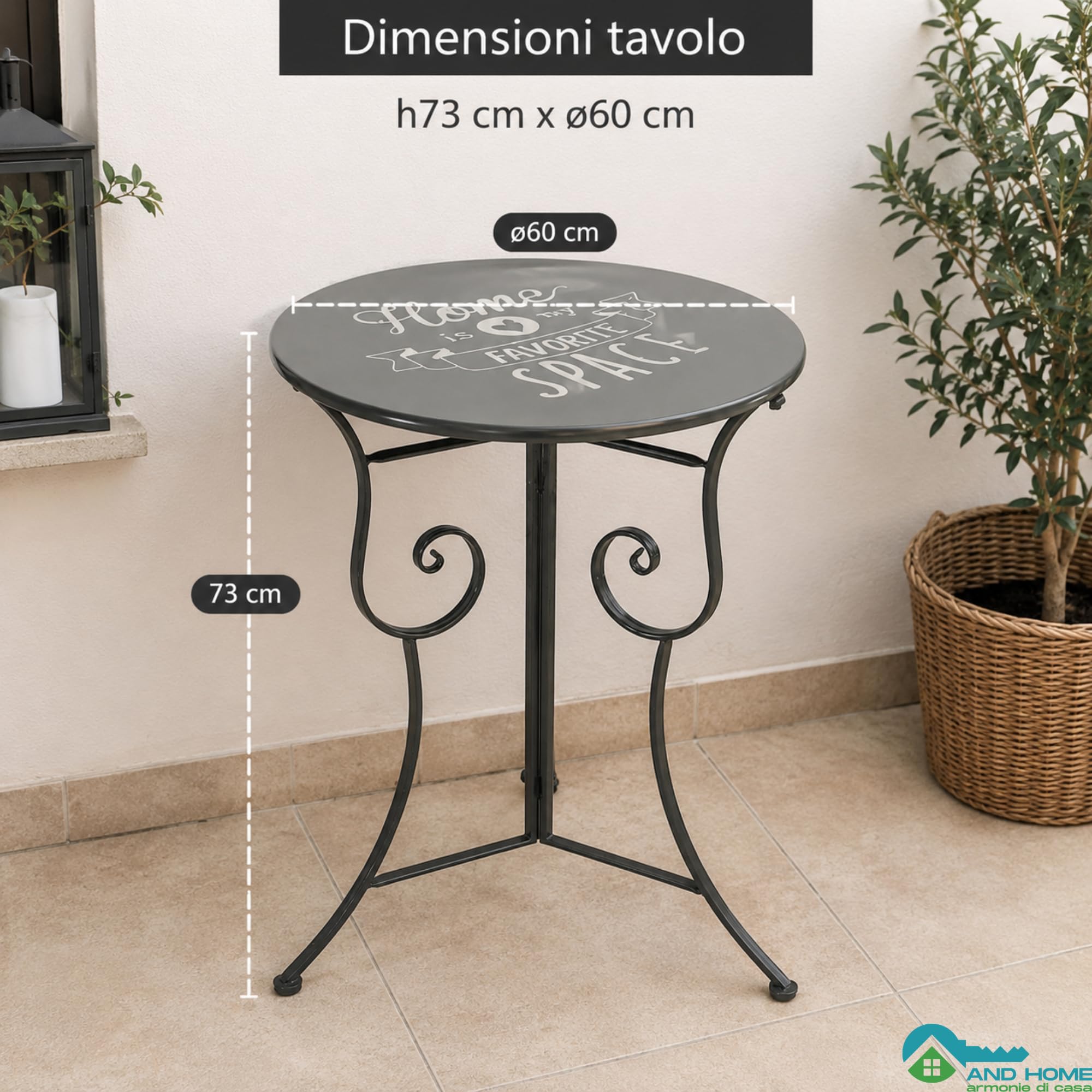 Tavolo e Sedie da Esterno con Tavolino Rotondo e 2 Sedie (Bistrot Fiore) | Struttura in metallo, colore grigio, tavolo Ø60 cm, ideale per balcone terrazzo veranda giardino