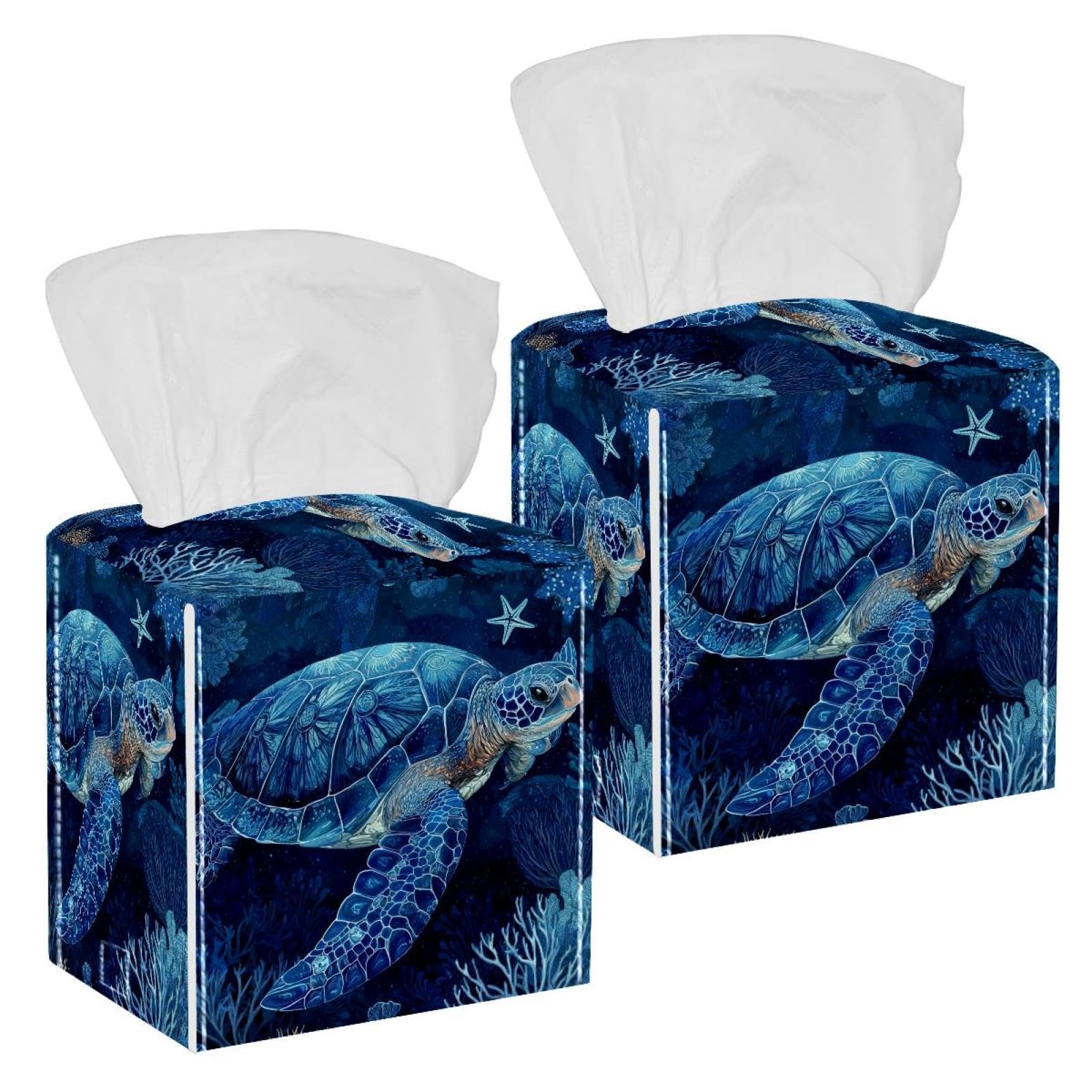 Sea Turtle Tissue Box Cover, 2 Pack PU Leather Square Facial Tissue Dispenser Box holder for Home Office Car