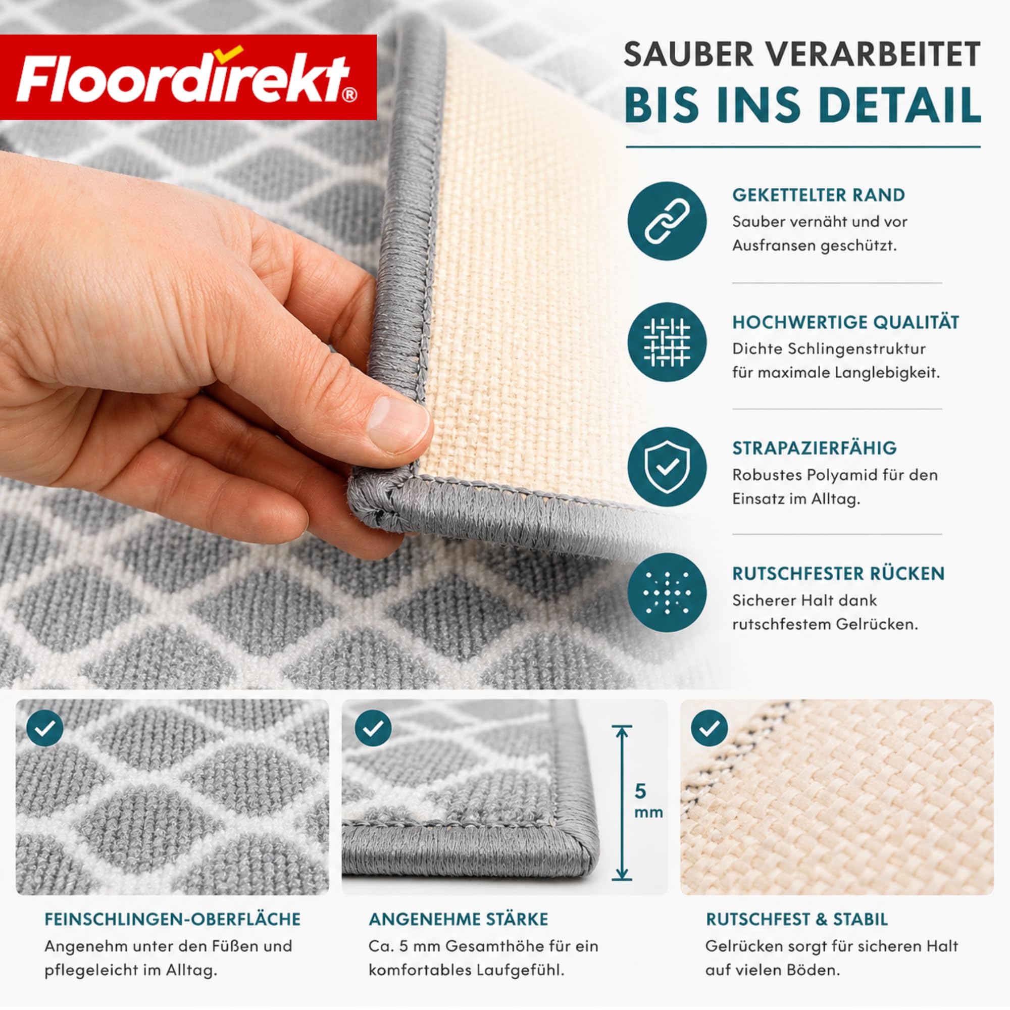 Floordirekt Teppichläufer Tralee 80 x 600 cm - Läufer für Küche, Flur & Wohnraum - Feinschlingen Teppich - rutschfest & antistatisch - Küchenläufer Flurteppich Flurläufer