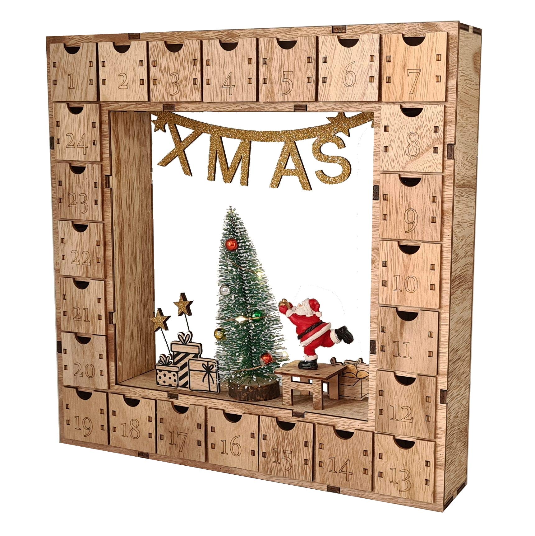Wichtelstube-Kollektion Adventskalender Weihnachtsbaum Holz zum befüllen, wiederverwendbar, LED Beleuchtung ca. 35cm Weihnachtskalender mit Schubladen zum selbstbefüllen