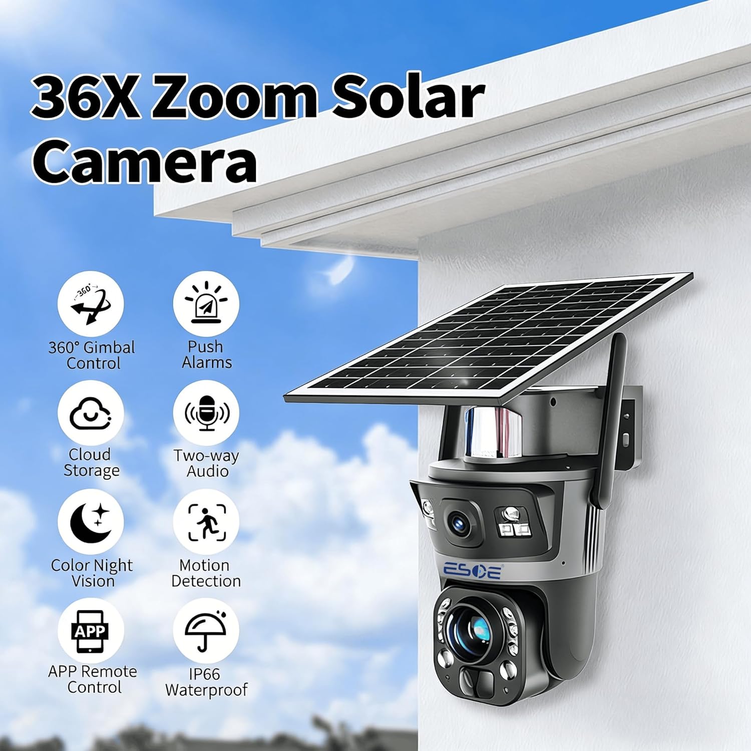 Ubox Dual-Lens 36X Optical Zoom Solar Security Camera, 6MP WIFI/4G Outdoor PTZ Camera with AI Human Detection, Two-Way Audio, Color Night Vision, Cloud & TF Card Storage (WiFi)