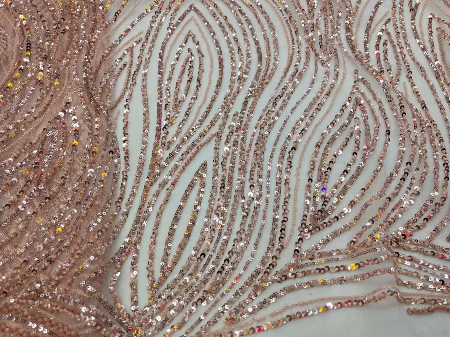 French Tulle mesh lace Fabric Embroidery with Sequins and Beads for Sewing Clothing 5 Yards (Peach)