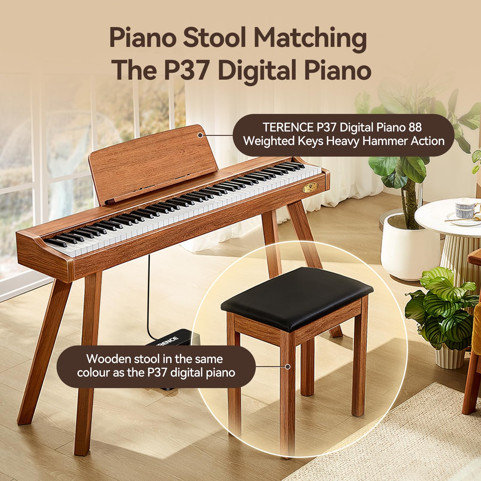 TERENCE Sgabello Pianoforte Pianoforte Panca Struttura in legno massello di alta qualità Capacità di carico superiore Cuscino sedile comodo e pratico Versatile per uso professionale e domestico