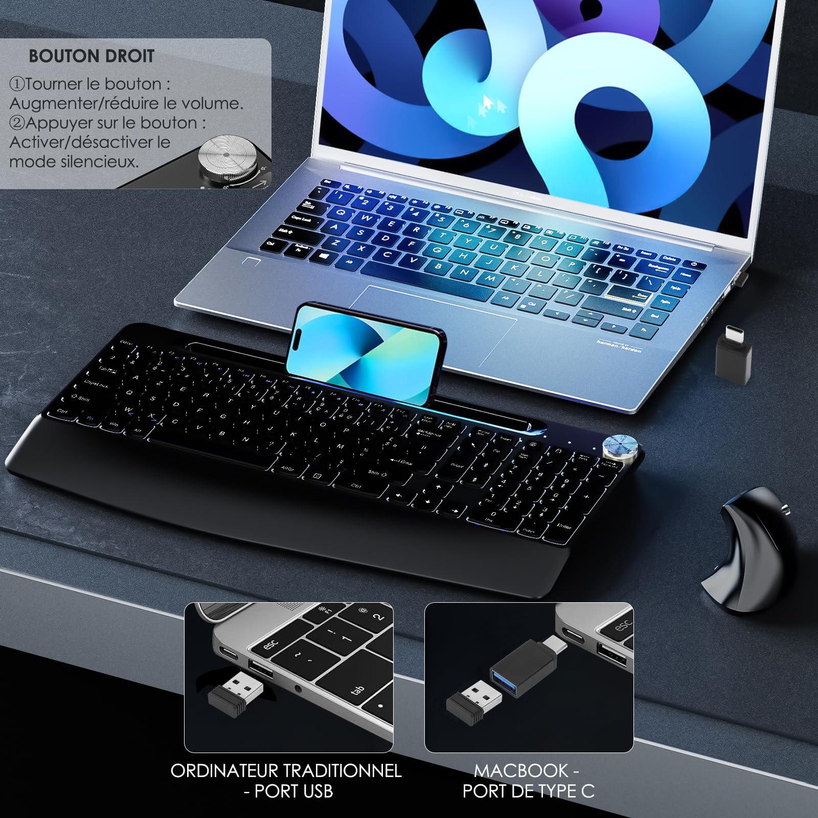 Clavier Ergonomique Pleine Taille et Souris Verticale sans Fil 2,4 GHz avec Support pour tablettes, Repos-Poignet et Bouton de Volume, adapté aux Ordinateurs Portables Mac/PC et Chromebook