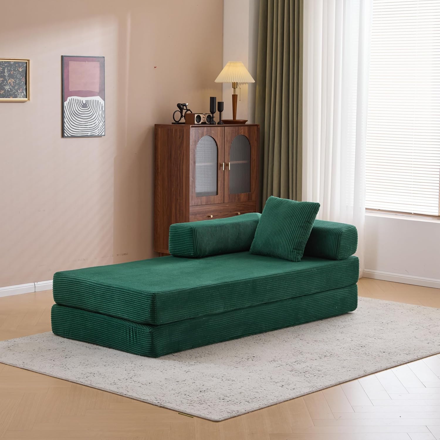 Convertible Sleeper Sofa Bed with Two Pillow - Corduroy Folding Mattress Couch with Fixed-Shape Frame for Living Room, Bedroom, Lounge, Studio (Dark Green + Corduroy)