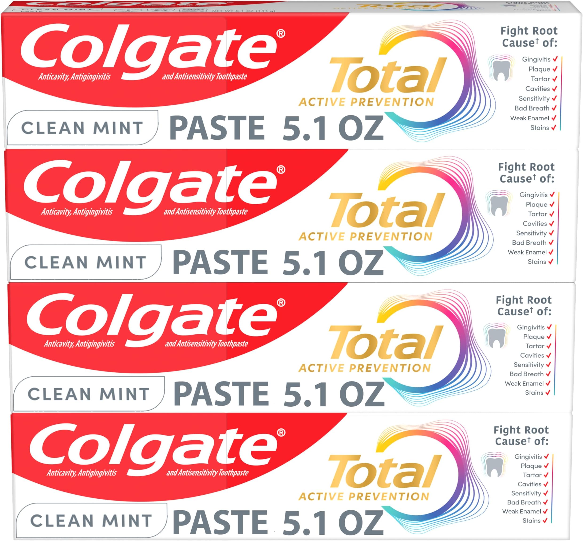 Total Active Prevention Clean Mint Toothpaste, Anticavity Fluoride Toothpaste, Clinically Proven Formula That Fights Plaque Bacteria, Mint, 4 Pack, 5.1 oz