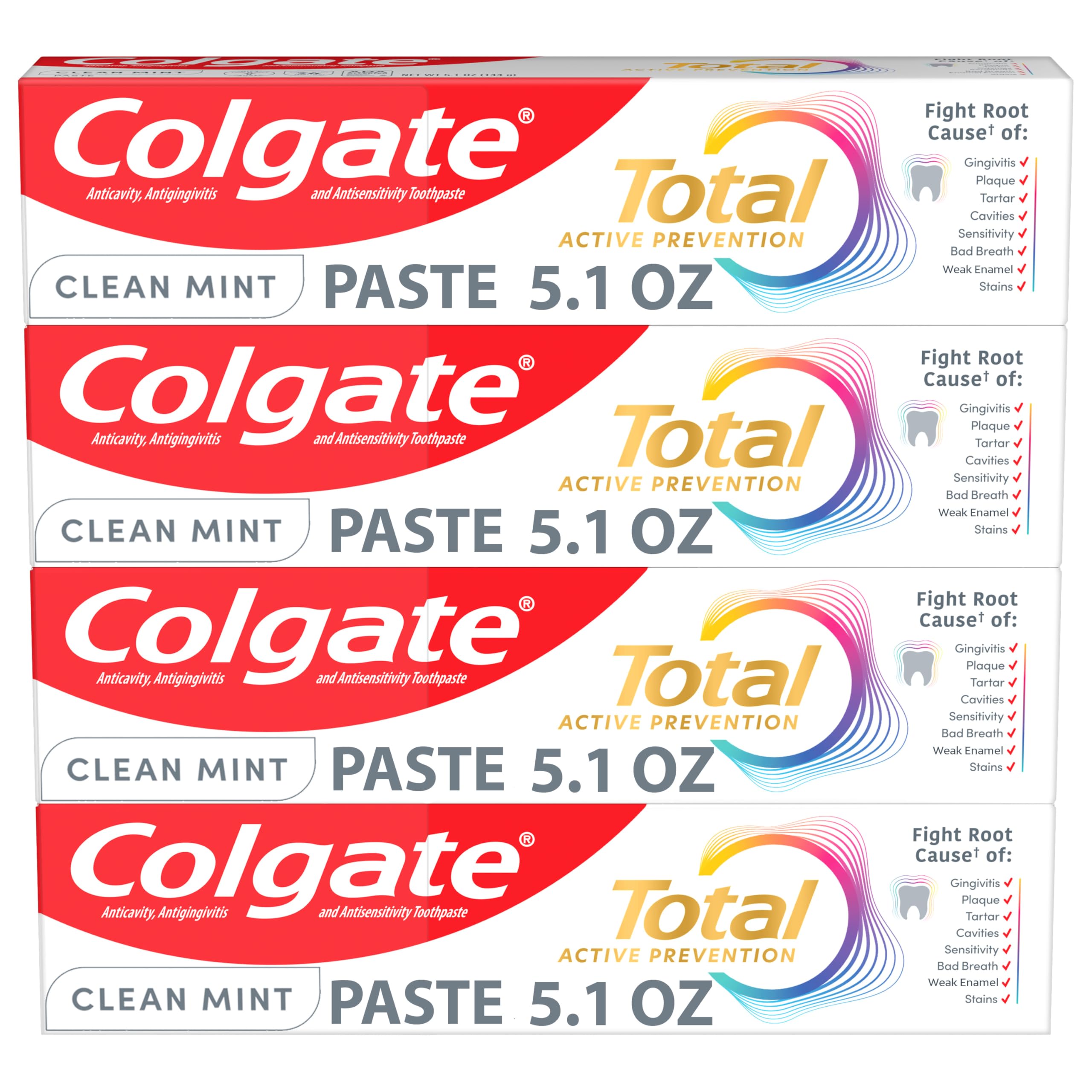 Total Clean Mint Toothpaste, 10 Benefits, No Trade-Offs, Freshens Breath, Whitens Teeth and Provides Sensitivity Relief, Clean Mint Flavor, 4 Pack, 5.1 Oz Tubes