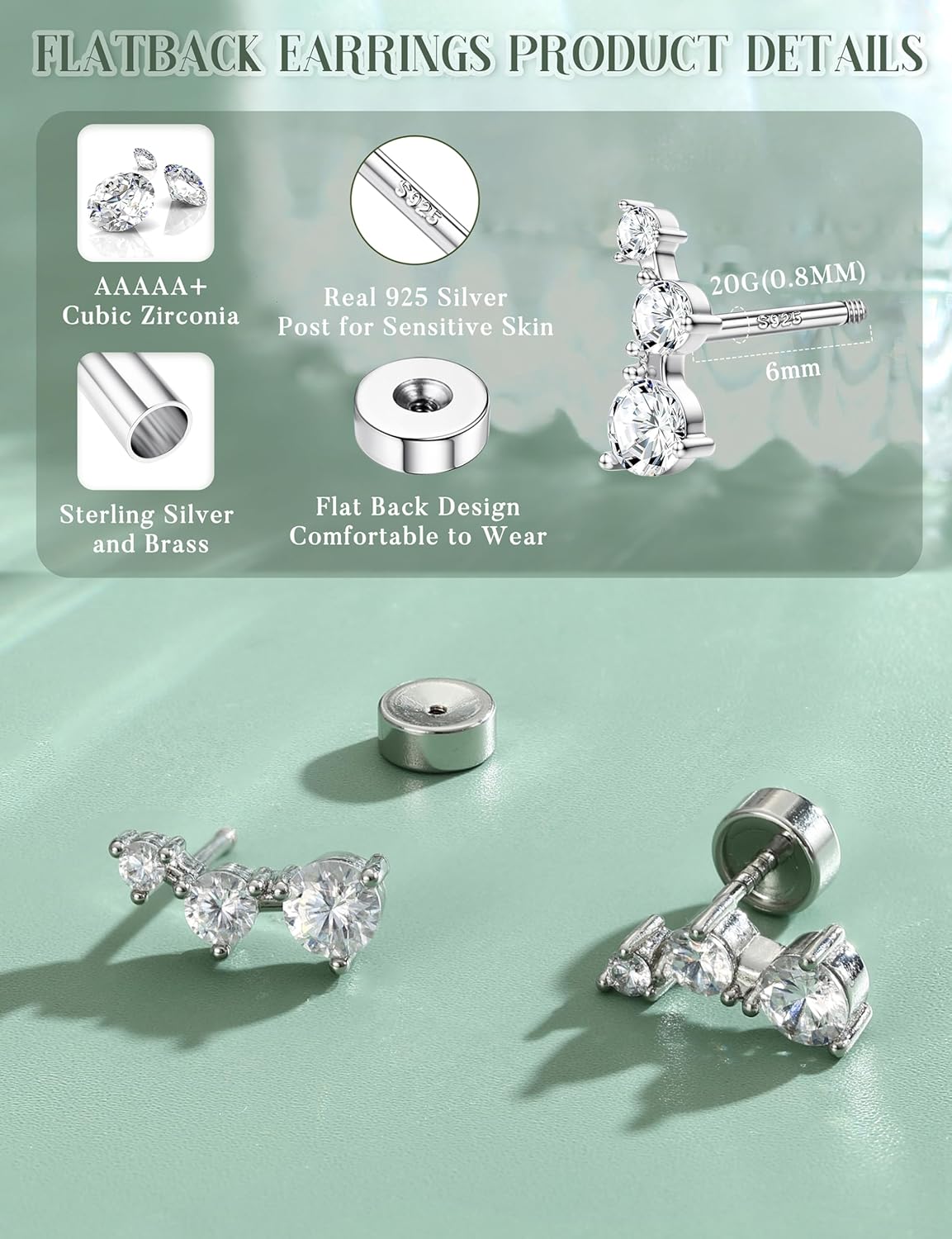 925 Sterling Silver Post Cartilage Earrings Hypoallergenic Flat back Stud Earrings for Women Trendy 14K Gold Plated CZ FlatBack Conch Tragus Helix Piercing Jewelry - Image 4