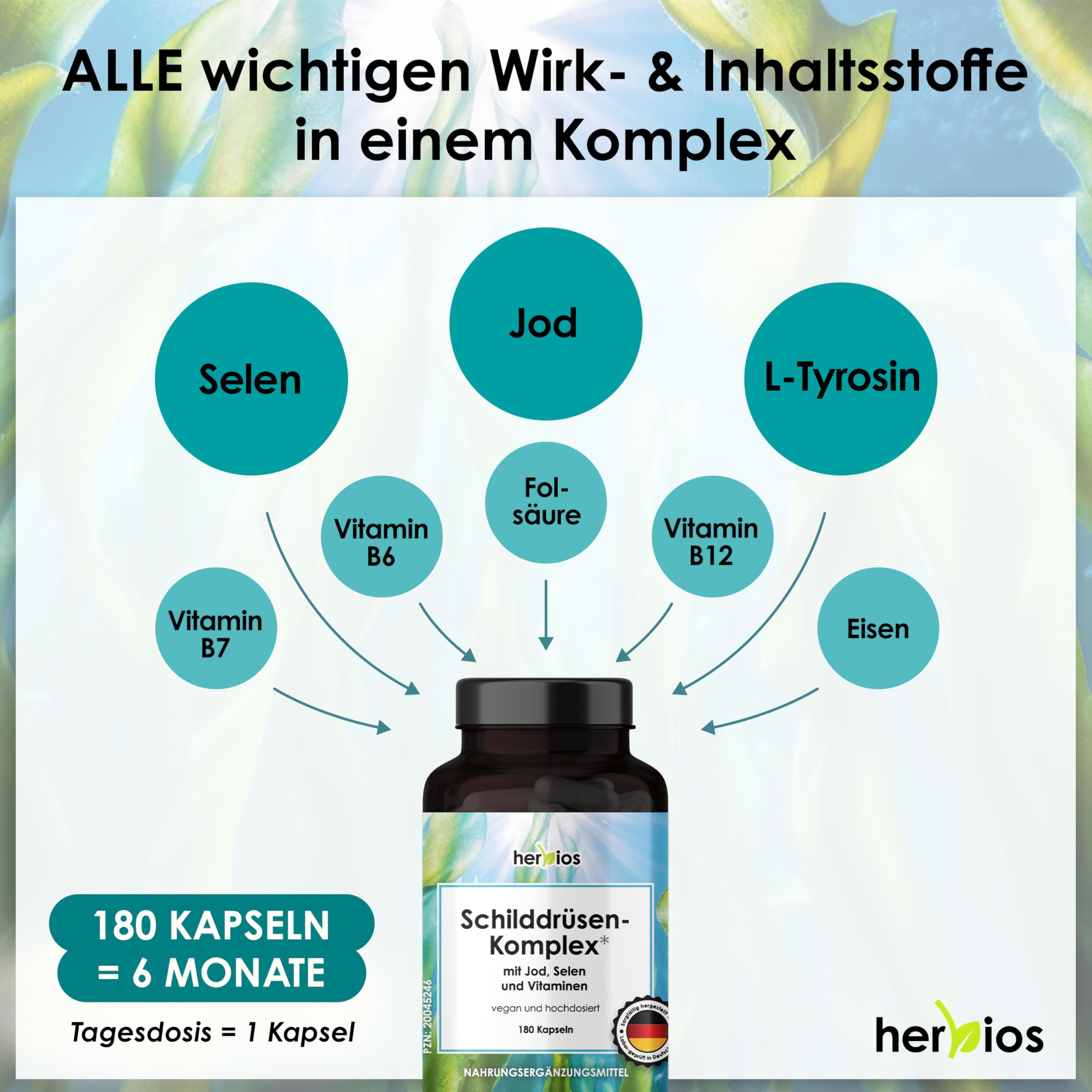 Jod-Selen Komplex –180 Schilddrüsen-Kapseln für 6 Monate – hochdosiert mit L-Tyrosin, Eisen, B-Vitaminen & Folsäure – Natürlich, Vegan & Laborgeprüft