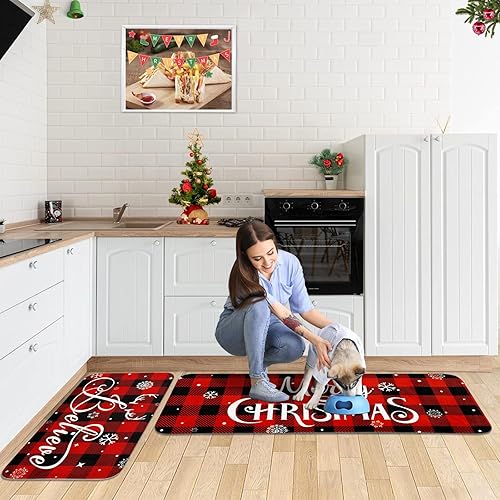 Miniatura 2 de Juego de 2 alfombras y tapetes de cocina de Navidad, juego de 2 alfombras de cocina lavables y absorbentes con copos de nieve, antideslizantes, para