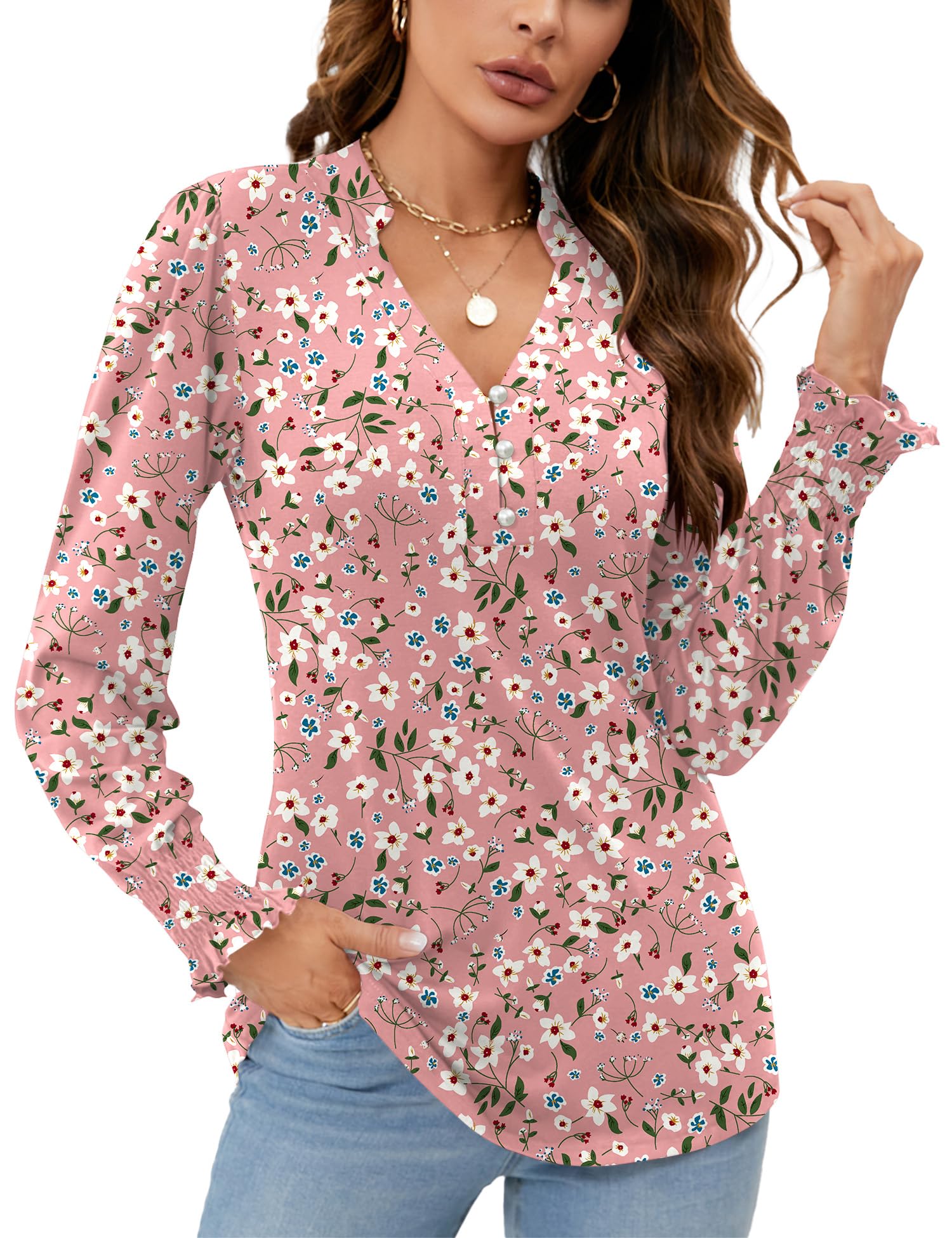 Rapbin Womens V Neck Puff Long Sleeve Button Down Tunic Blouses Fall Tops 2025 Ruffle Cuffs Dressy Casual T-Shirts