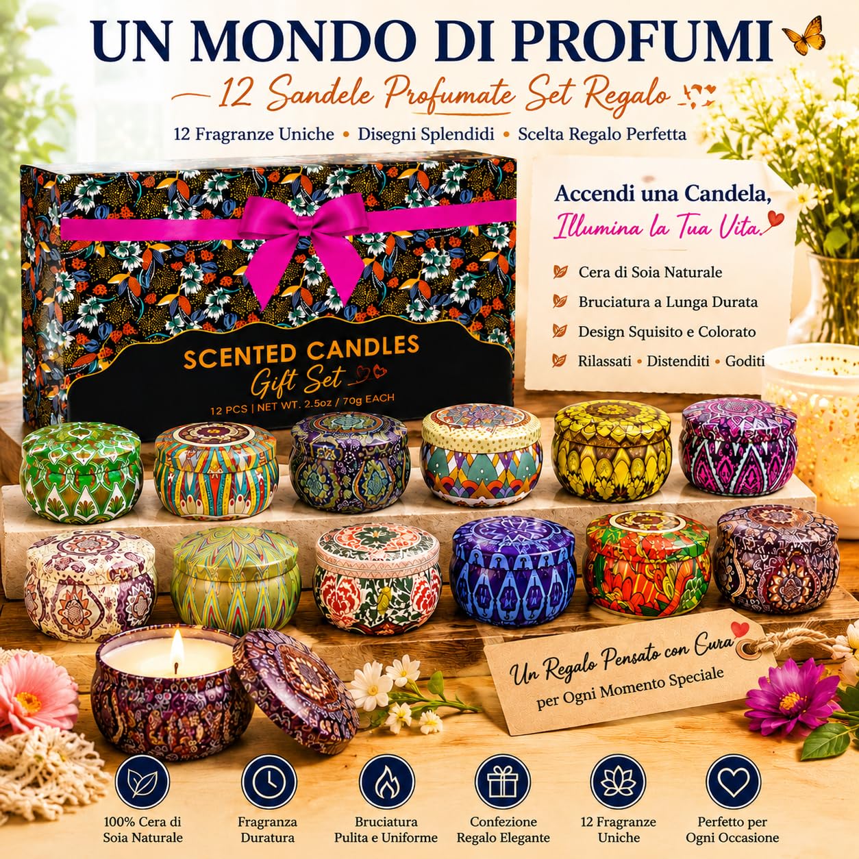 Regalo per Donne 12 Pezzi Set di Candele Profumate di Metallo per Moglie,Fidanzata,Candele in Cera di Soya Naturale Confezione da Regalo per Casa,Natale,San Valentino,Compleanno,Festa della Mamma