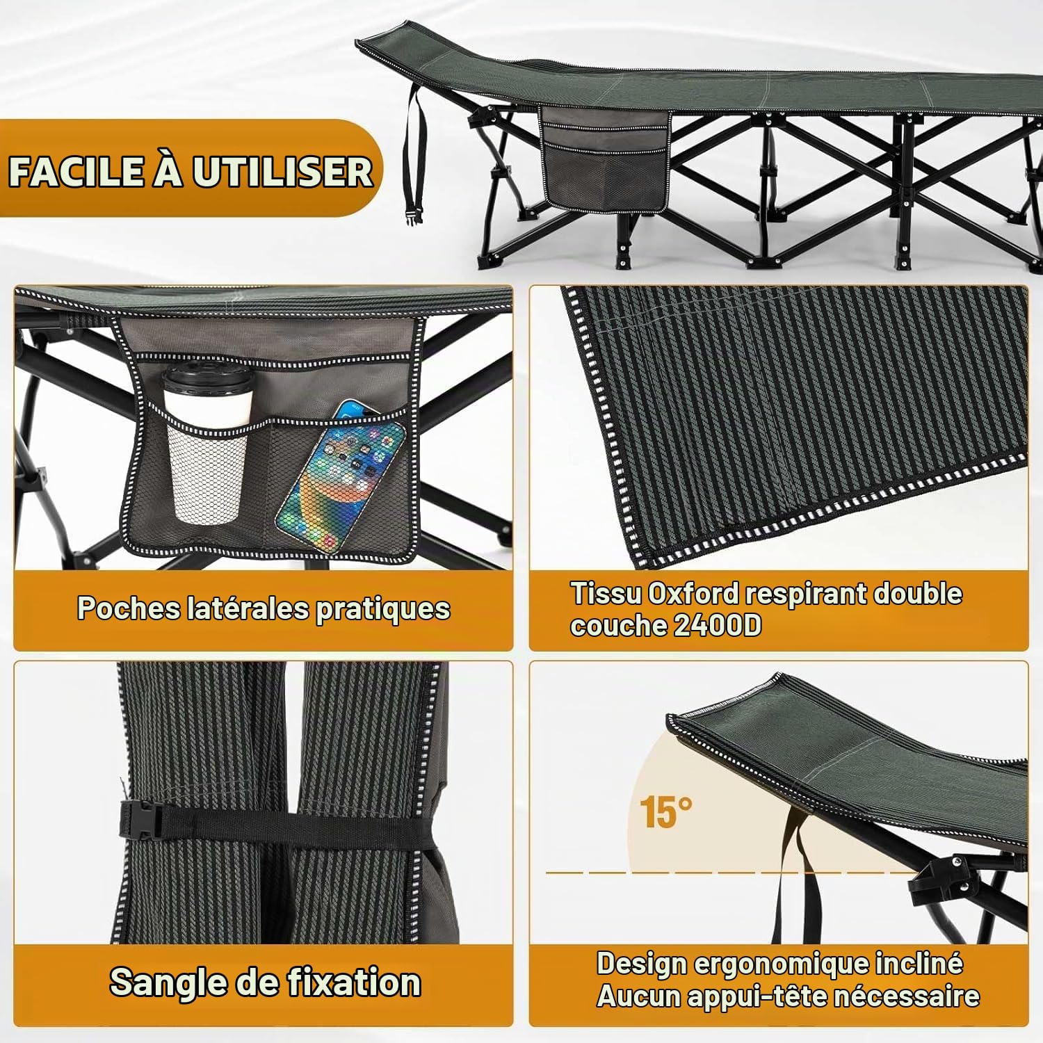 OVERMONT Lit de Camp Pliant avec Matelas - Lit de Camping Pliable 190 x 71 x 36 cm - Supporte 250 kg - Tissu Oxford 2400D avec Poche Latérale - Sac de Transport pour Camping Jardin Bureau - Noir
