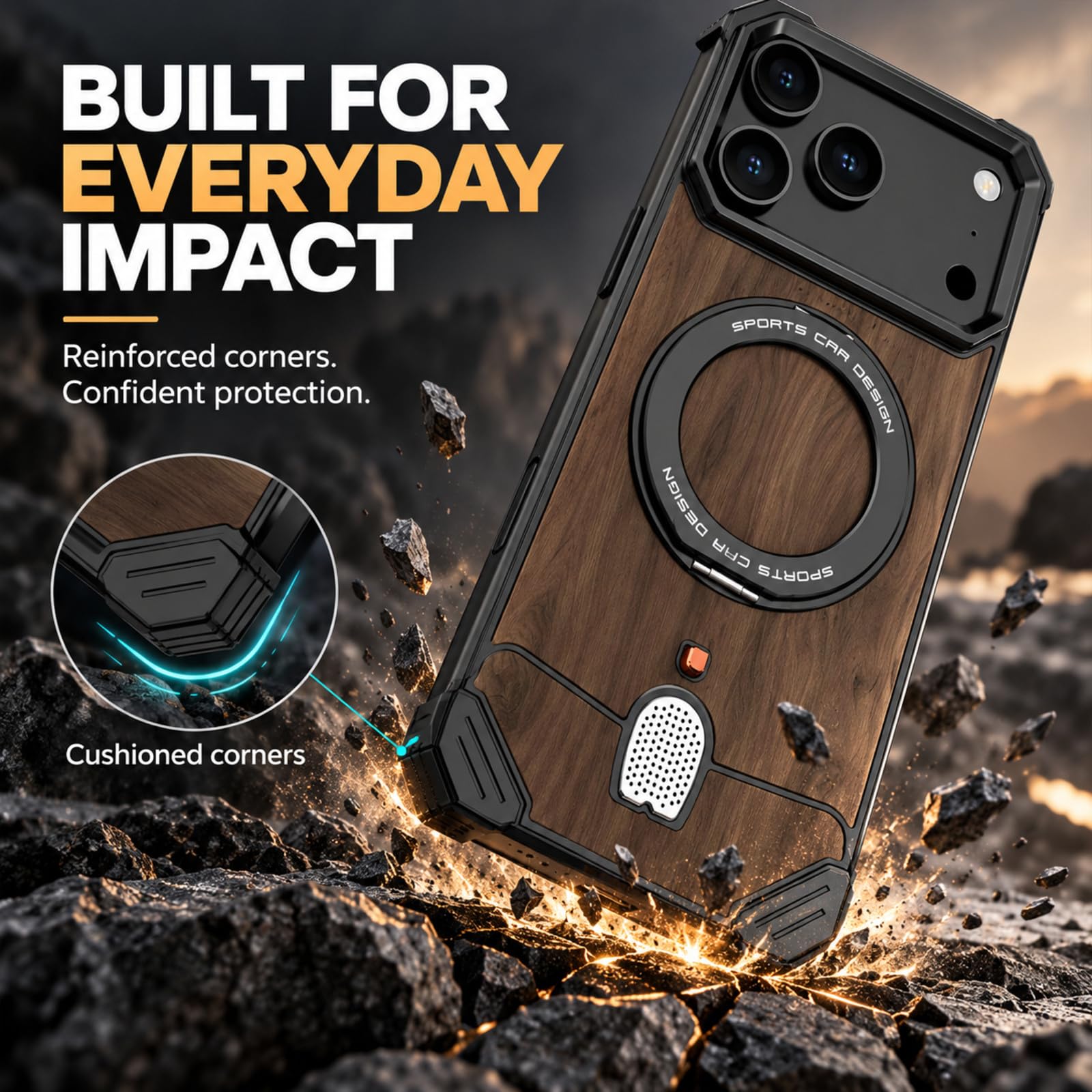 Coque en Bois Naturel pour iPhone 17Pro Max - Wood & Silver