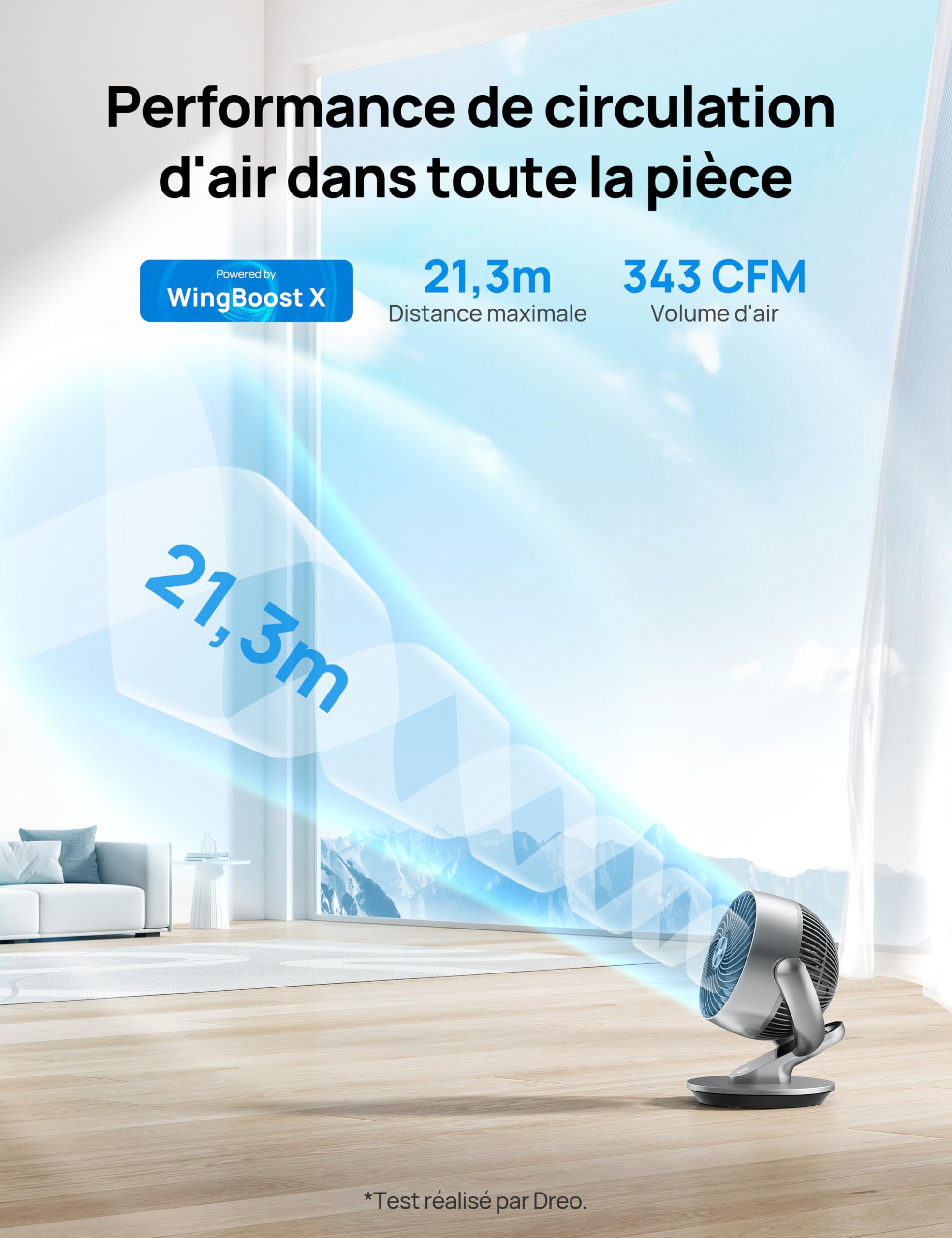 DREO Ventilateur de table 28 dB, 18 cm, 4 vitesses, 5 modes, minuterie 12h, oscillant à 120° + 90° avec télécommande, commande vocale, refroidissement, Lynx S, argent.