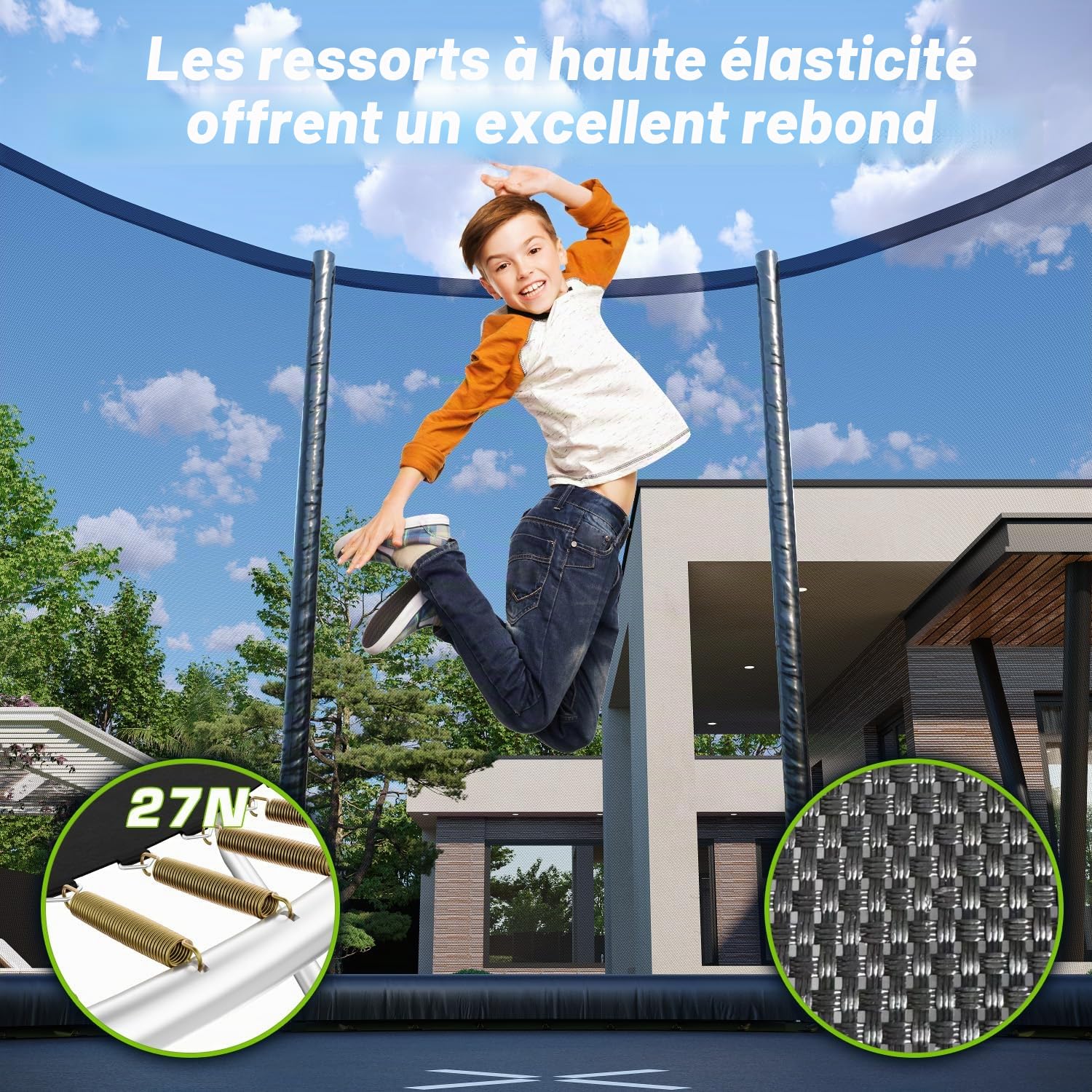 TRIUMPHKEY Trampoline Extérieur Enfants Ø 183/228/305/366/427 cm, Trampoline pour Jardin, Set accesoire Complet : Filet de sécurité, Echelle, Bâche de Rebord, Capacité Max 150 kg