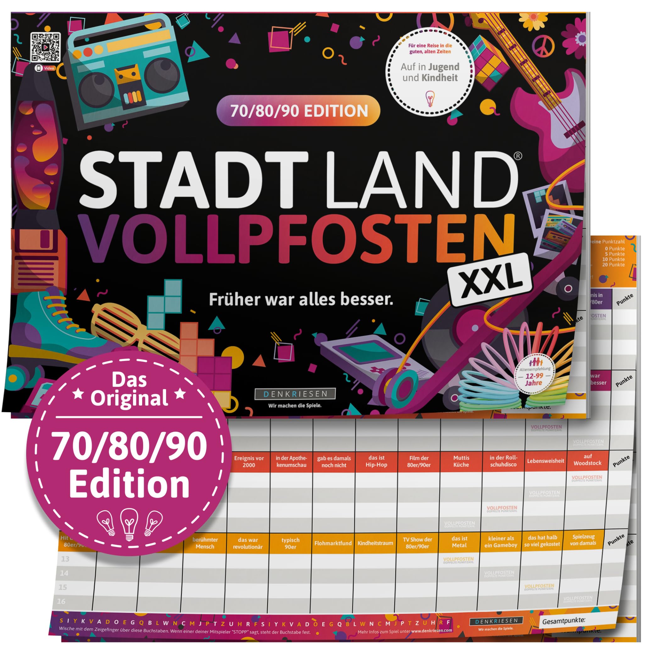 DENKRIESEN - Stadt Land VOLLPFOSTEN® - 70/80/90 Edition - Früher war Alles Besser. - XXL | Spielblock Geburtstagsgeschenk | Familienspiel | Stadt Land Fluss | DIN A3