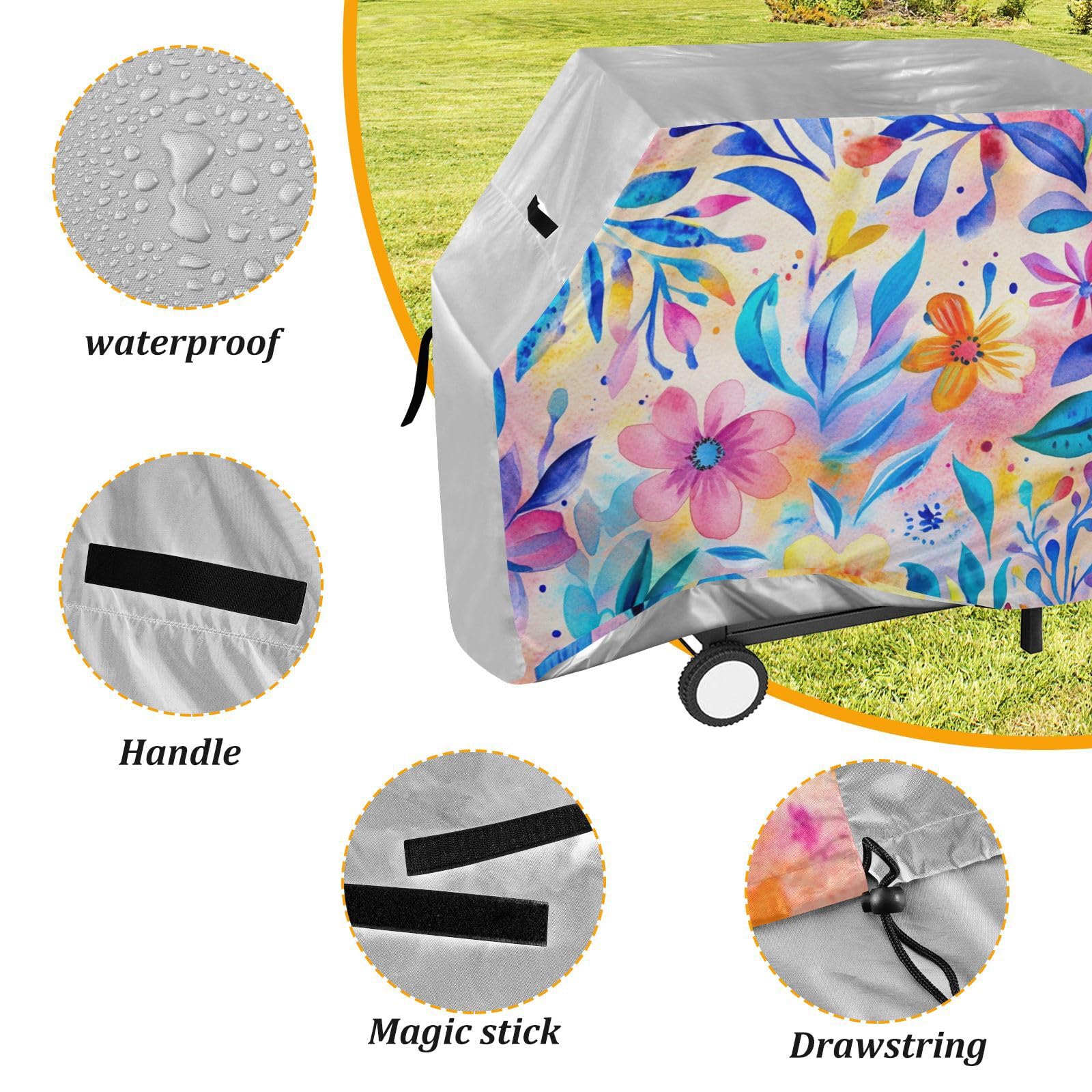 Kolorowy boho kwiatowy pokrowiec na grilla na patio 150 cm wodoodporny wytrzymały odporny na rozdarcie odporny na blaknięcie materiał pokrowiec na grilla z regulowanym sznurkiem na kurz i wiatr