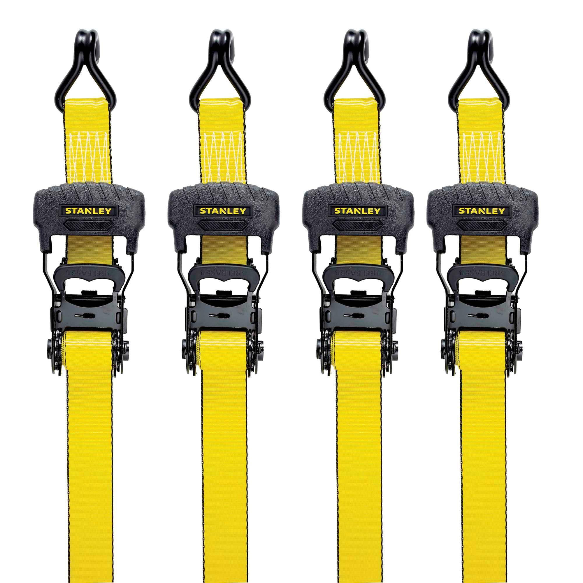 STANLEY S10074 Lot de 4 Sangles d'arrimage à cliquet 3,8 cm x 4,88 m - pour sécurisation de Charges Lourdes (résistance à la Rupture de 1 500 kg) – Noir/Jaune