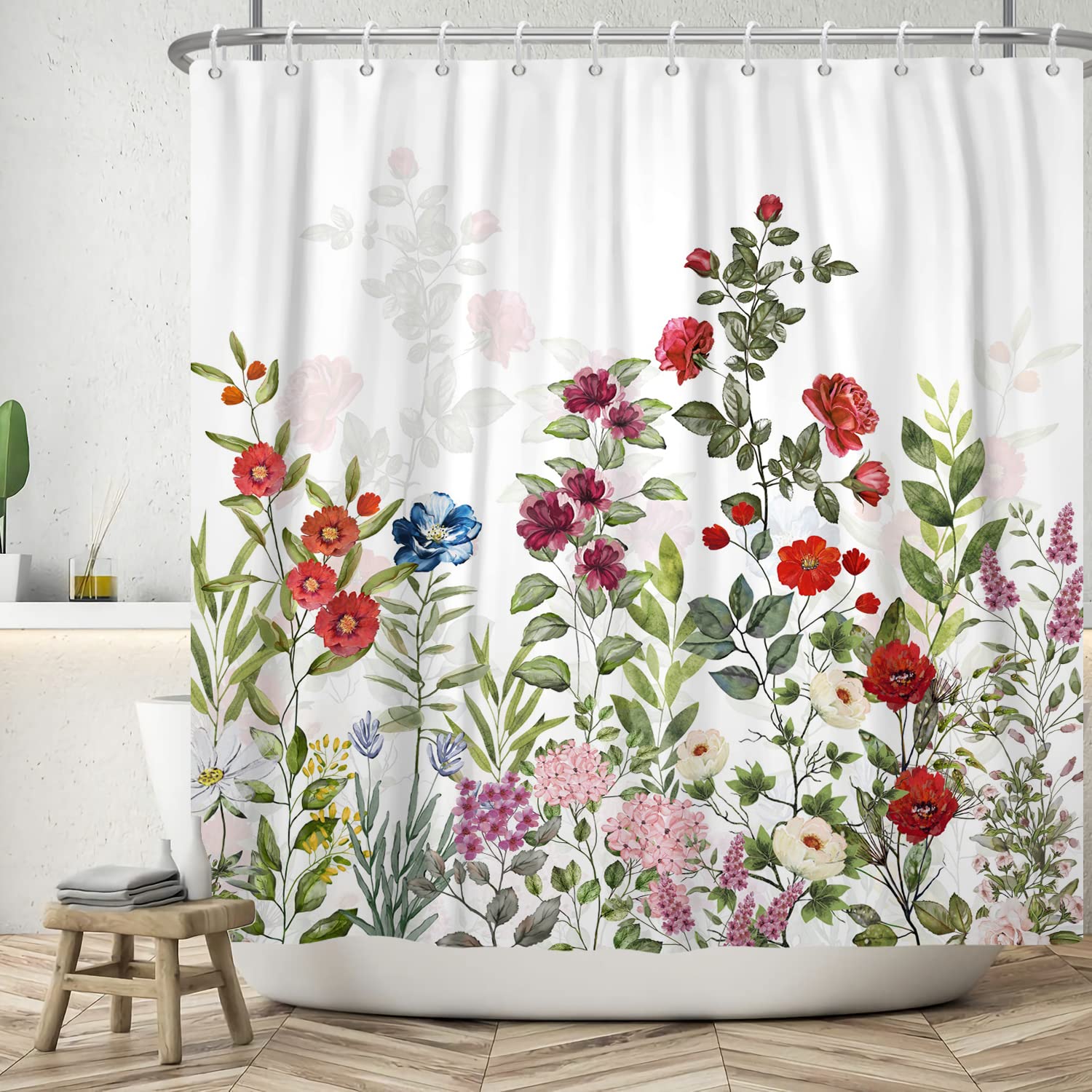 ASDCXZ Flower Shower Curtain 240x180 cm, Spring Hand Painted Red White Rose Colorful Floral Green Leaves Bath Washable Shower Curtains Polyester Textile Waterproof Curtain for Bathtub with 12 Hook