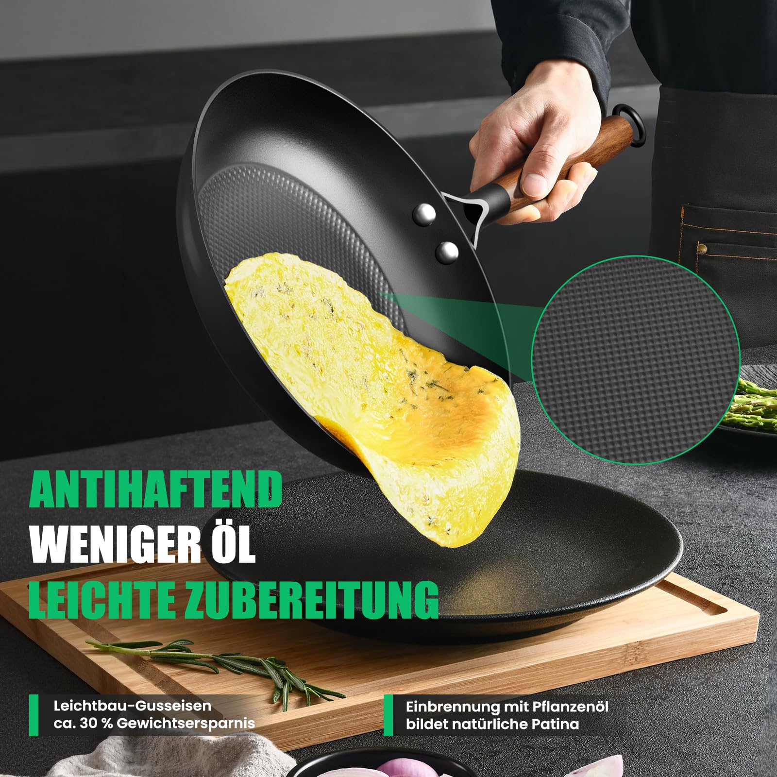 YUTANN Gusseisenpfannen Set 3-teilig, Bratpfannen aus Massivem Gusseisen | Pfannen Ø 20, 24 und 28 cm, Gleichmäßige Wärmeverteilung für Induktion, Gas, Elektro und Glaskeramik Geeignet