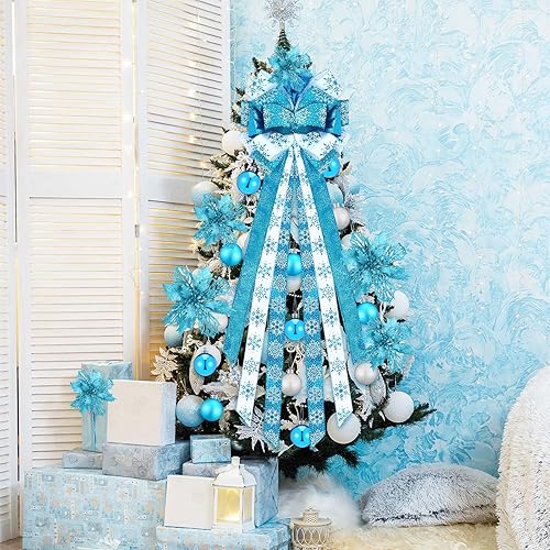 Miniatura 5 de Juego de 33 decoraciones de Navidad para árbol de Navidad de 45 pulgadas, adornos para árbol de Navidad con purpurina, lazos grandes de 2.3