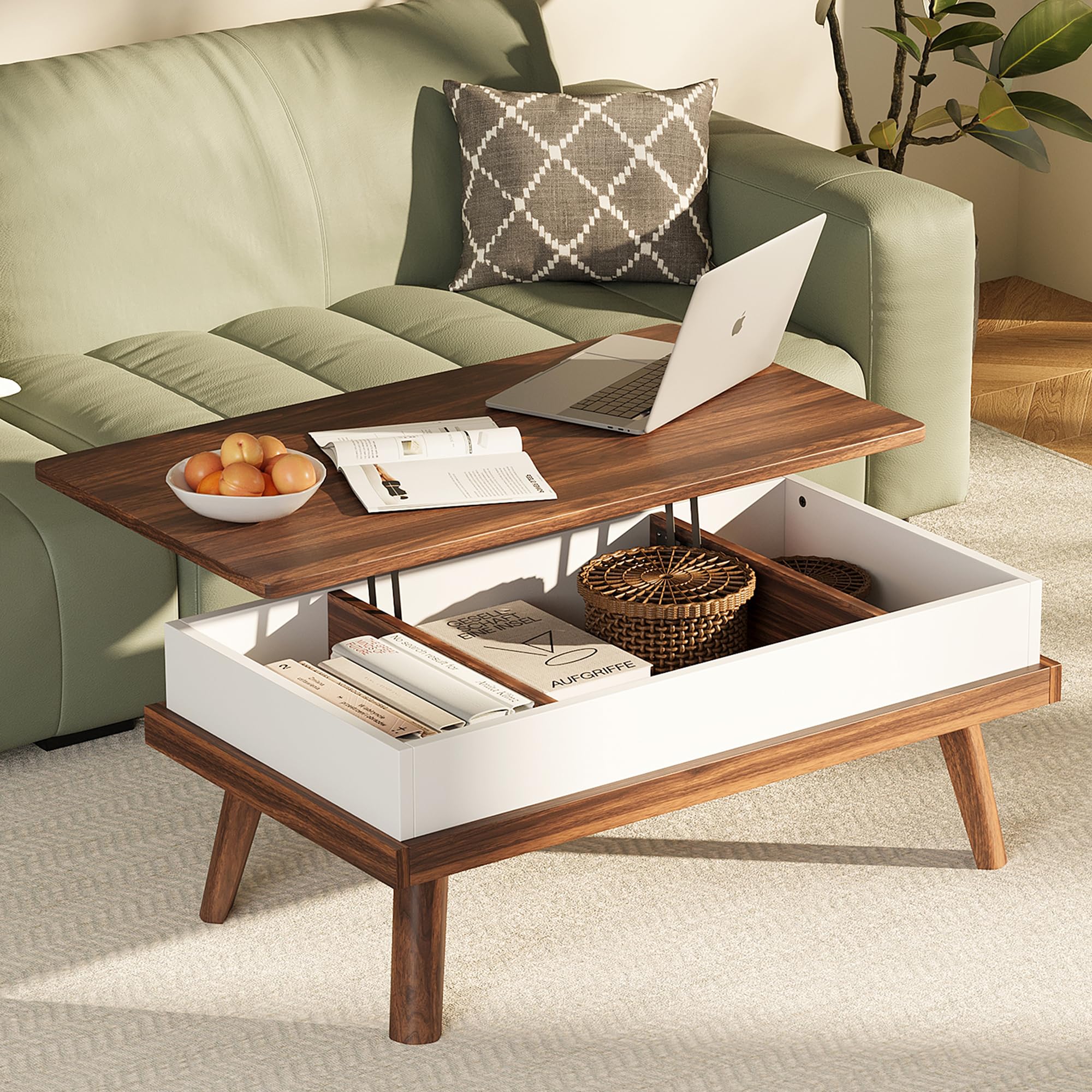 Meilocar Wood Lift Top Coffee Table With Hidden Compartment for Living Room Reception Room, 39.4in L, Walnut