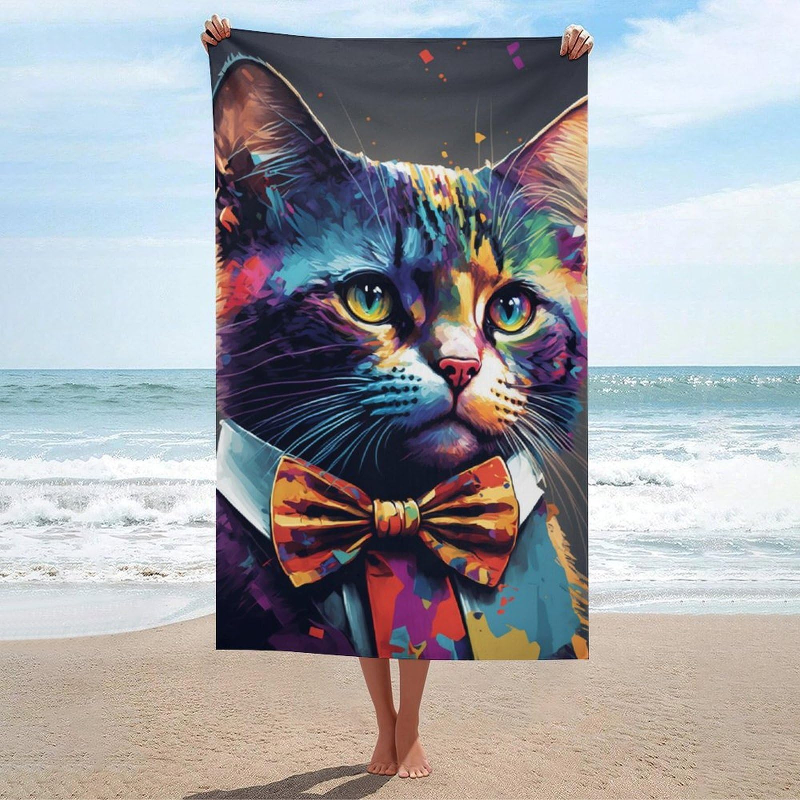 Serviette de plage chat coloré grand format absorbant pour sport et natation
