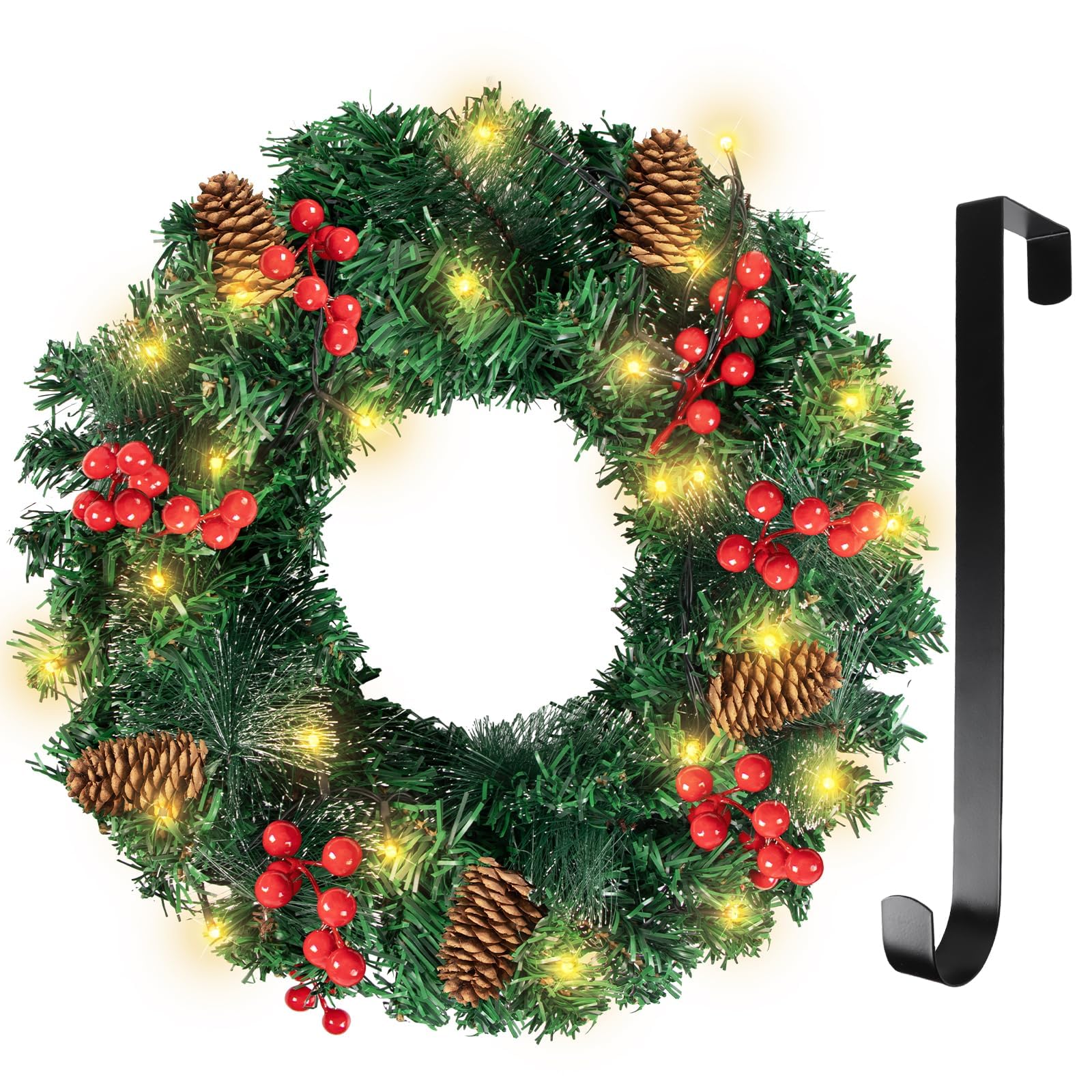 16in Couronne de Noël, LED Guirlande de Noël 8 Modes Couronne de Porte de Noël Artificielle avec Pommes de pin, Baies Rouges, Décoration de Noël pour Porte, Fenêtre, Cheminée, Mur