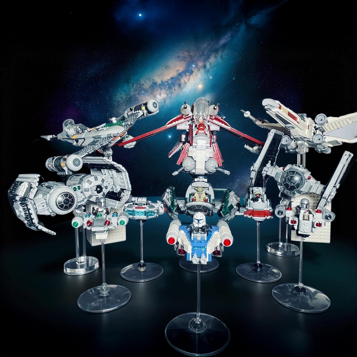 Y-Wing Microfighter Display Stand -4-Pack No-Assembly, Transparent Riser with 2x2 Brick Connection, Upgraded Wide Base, Compatible with LEGO Star-Wars N-1 Starfighter Microfighter 75363,75344
