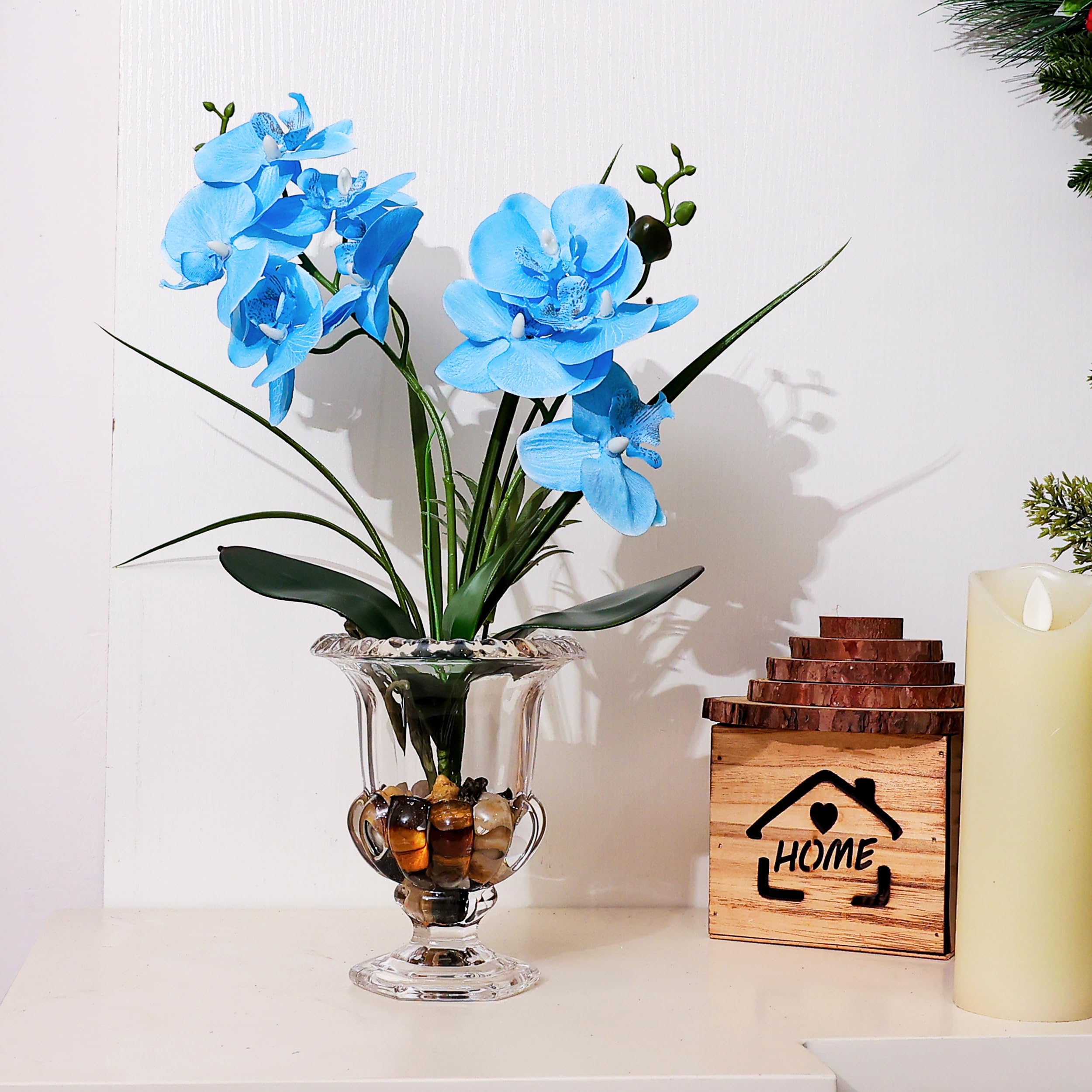 Alyphyly Artificial Flower Bonsai with Wine Glass Vase Vivid Orchid Flowers Arrangement Phalaenopsis Flowers Pot for Home Office Décor Table Centerpiece House Decorations(Glass Vase/Blue Orchid) - Image 4
