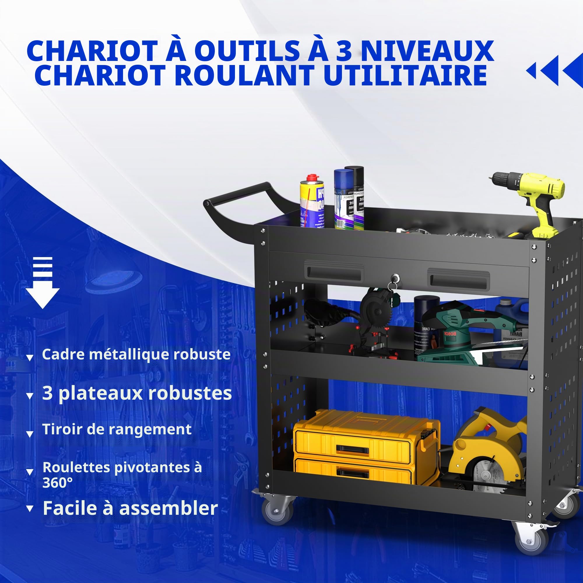 SUPEER Chariot d'atelier,78 x 35 x 70 cm,avec tiroir verrouillable