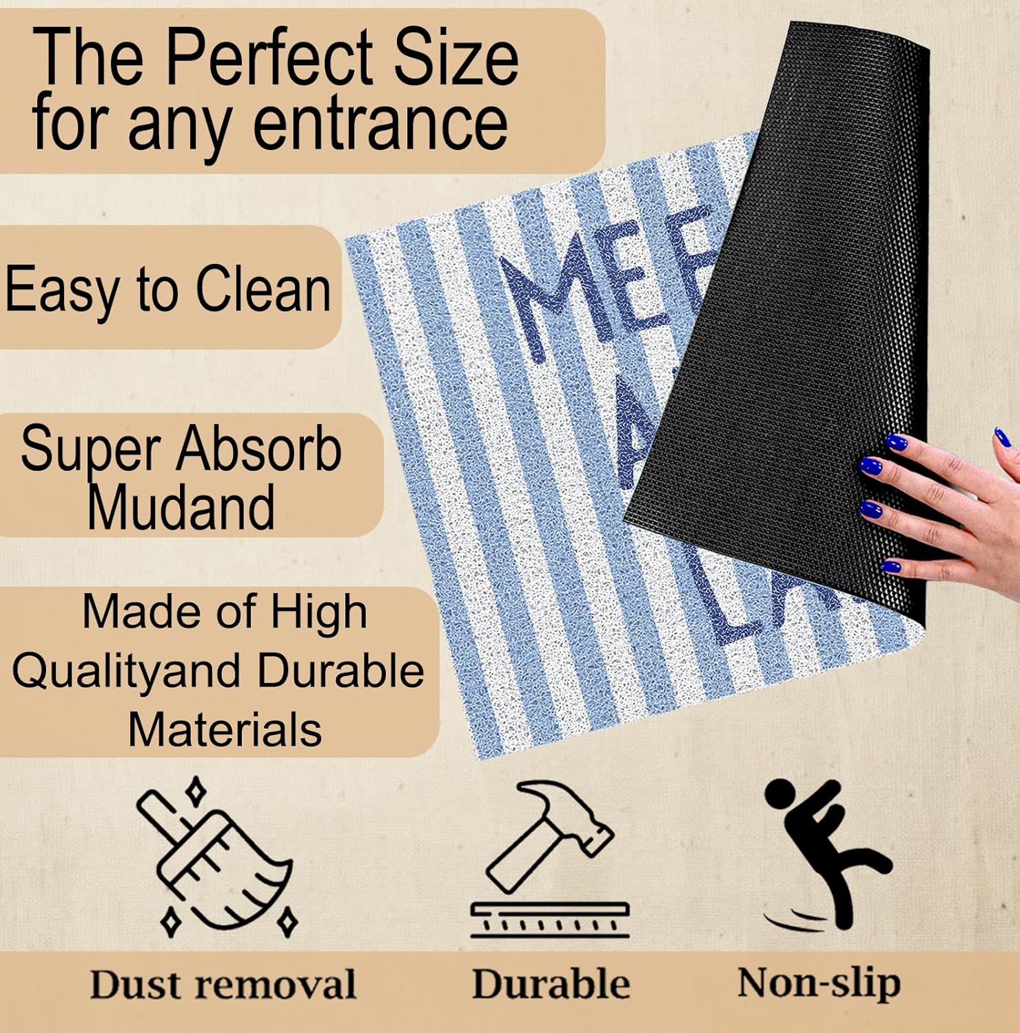 Blue Striped Preppy Lake Door Mat, Meet Me at The Lake Doormat Bathmat for Home Bathroom Indoor Outdoor Entrance Porch, Coastal Nautical Welcome Mats for Front Door Entryway, 17x30 Inches